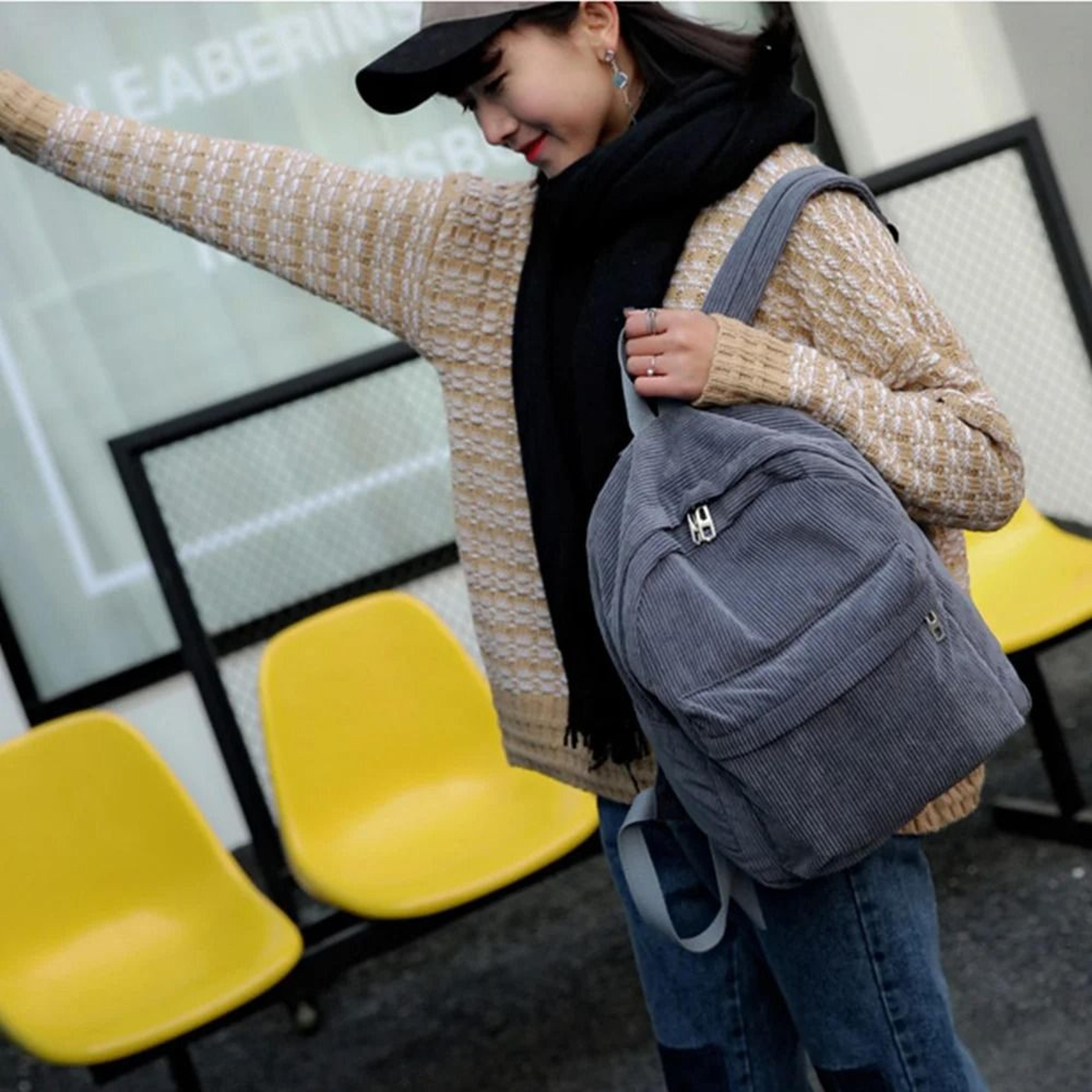 Corduroy Womens Backpack Fashion College School Travel Bag 8