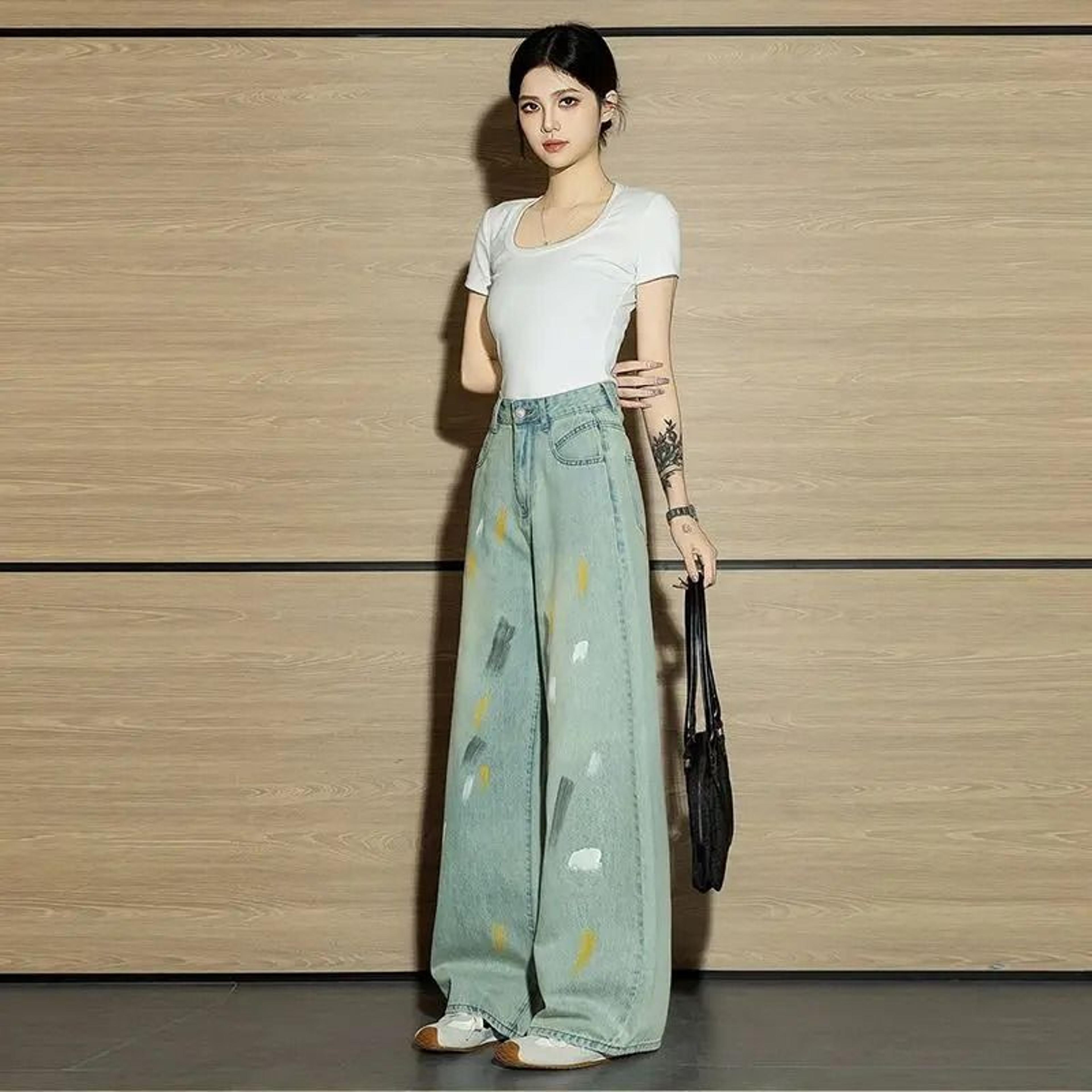 Womens High Waist Graffiti Straight Leg Jeans Retro Street Style Denim Pants 2