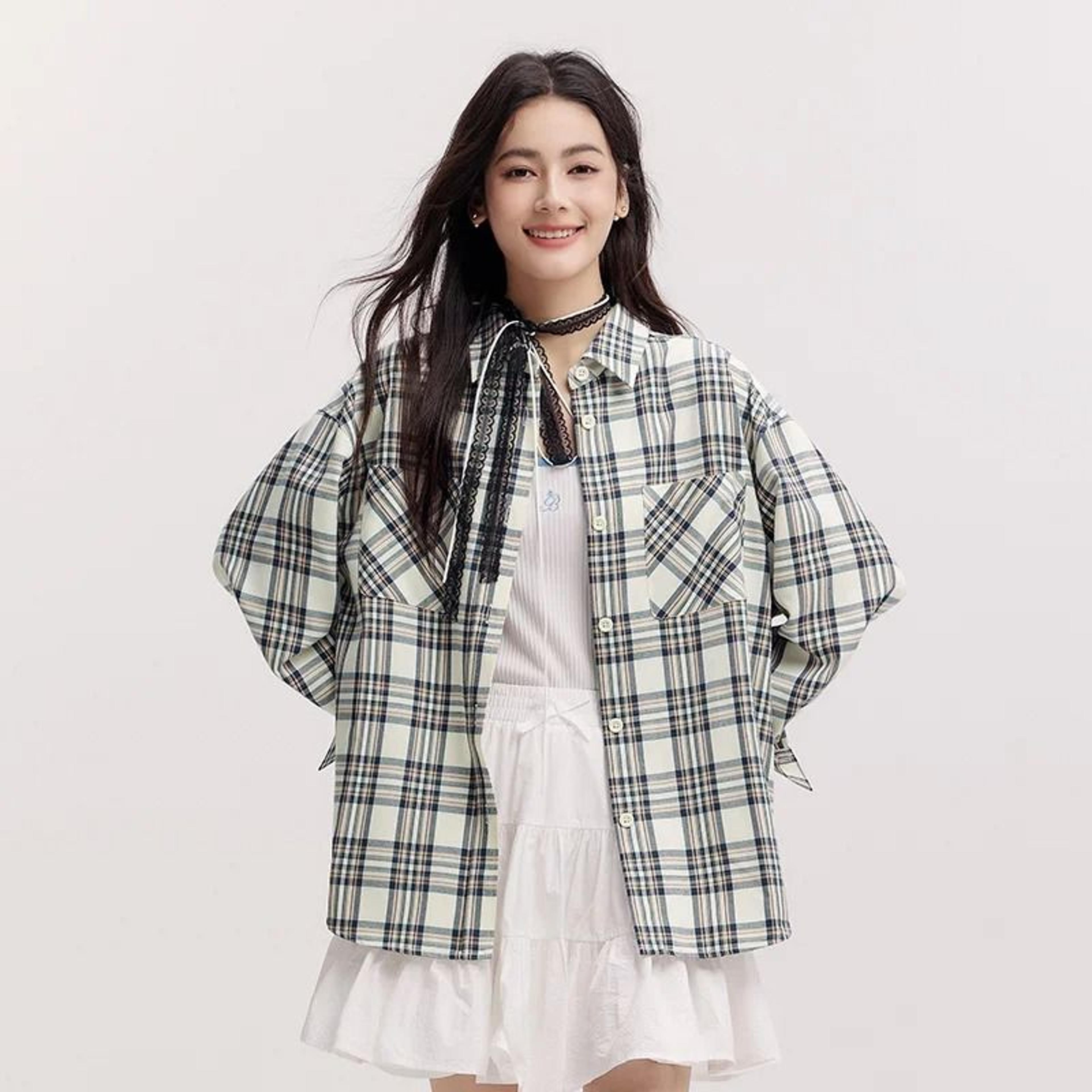 semir womens oversized checkered shirt vintage long sleeve plaid blouse mid length casual top