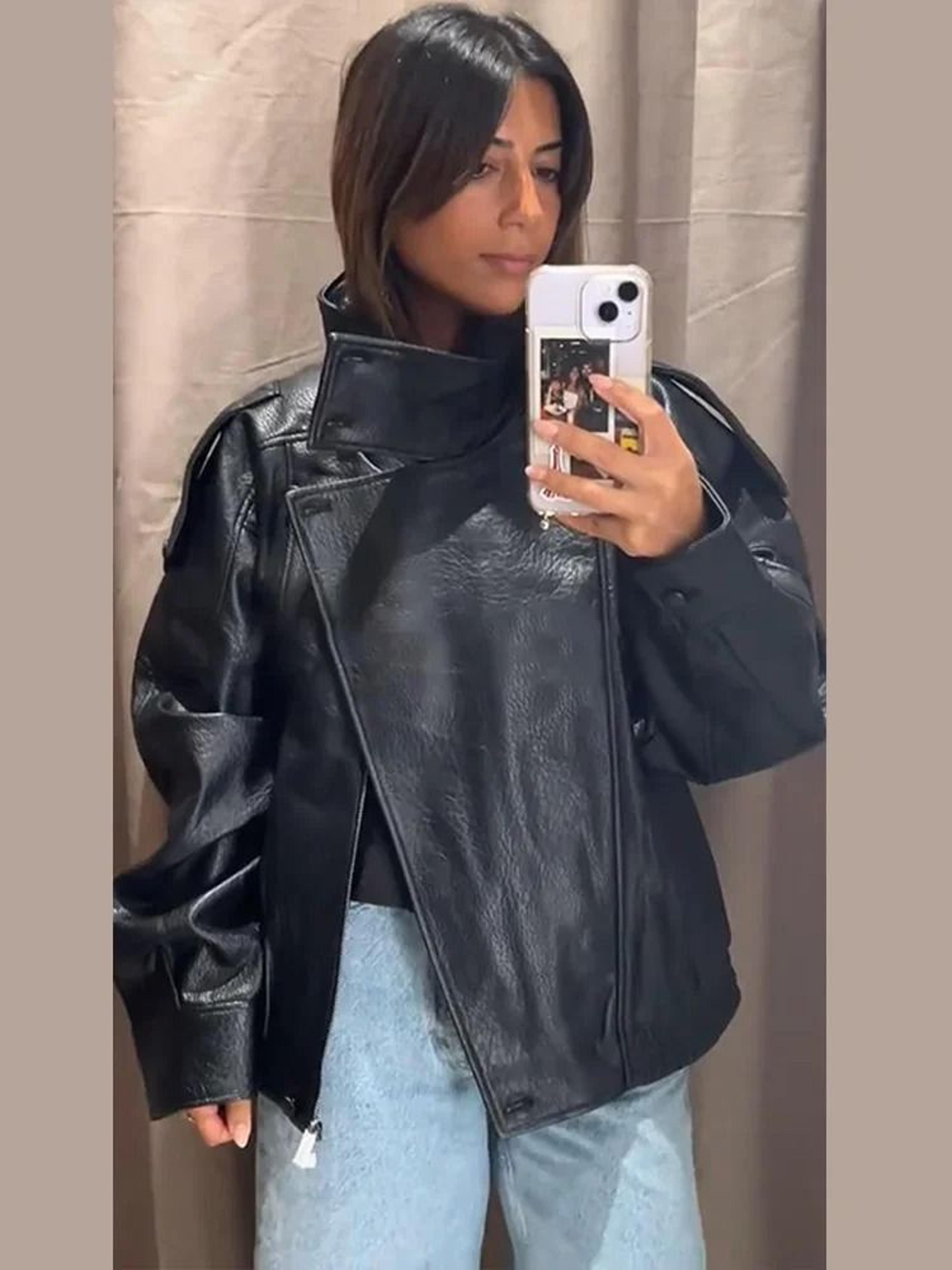 Womens PU Leather Jacket Stand Collar Asymmetric Button Casual Black Biker Jacket 5