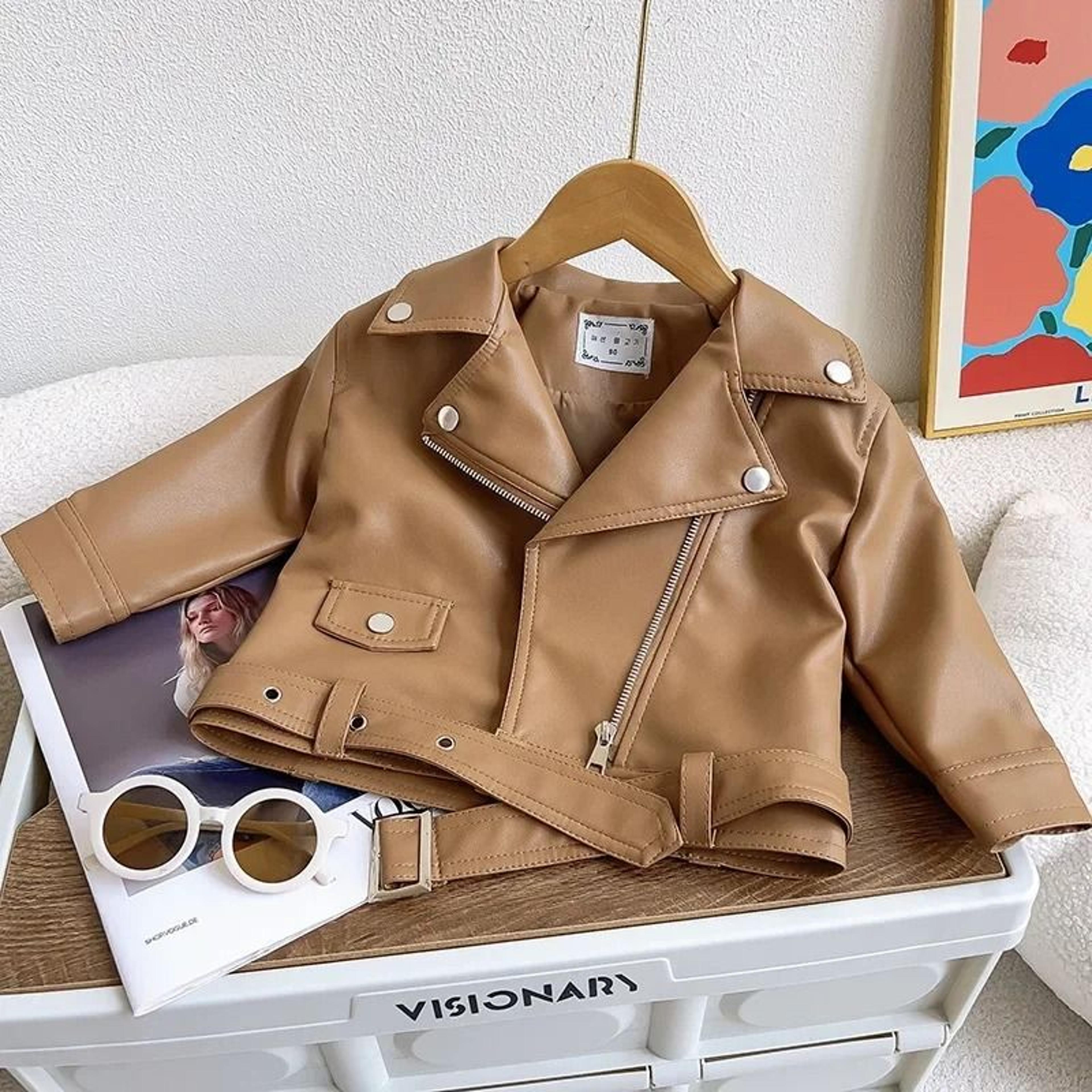 Kids Boys PU Leather Jacket Classic Zipper Motorcycle Style Coat 2