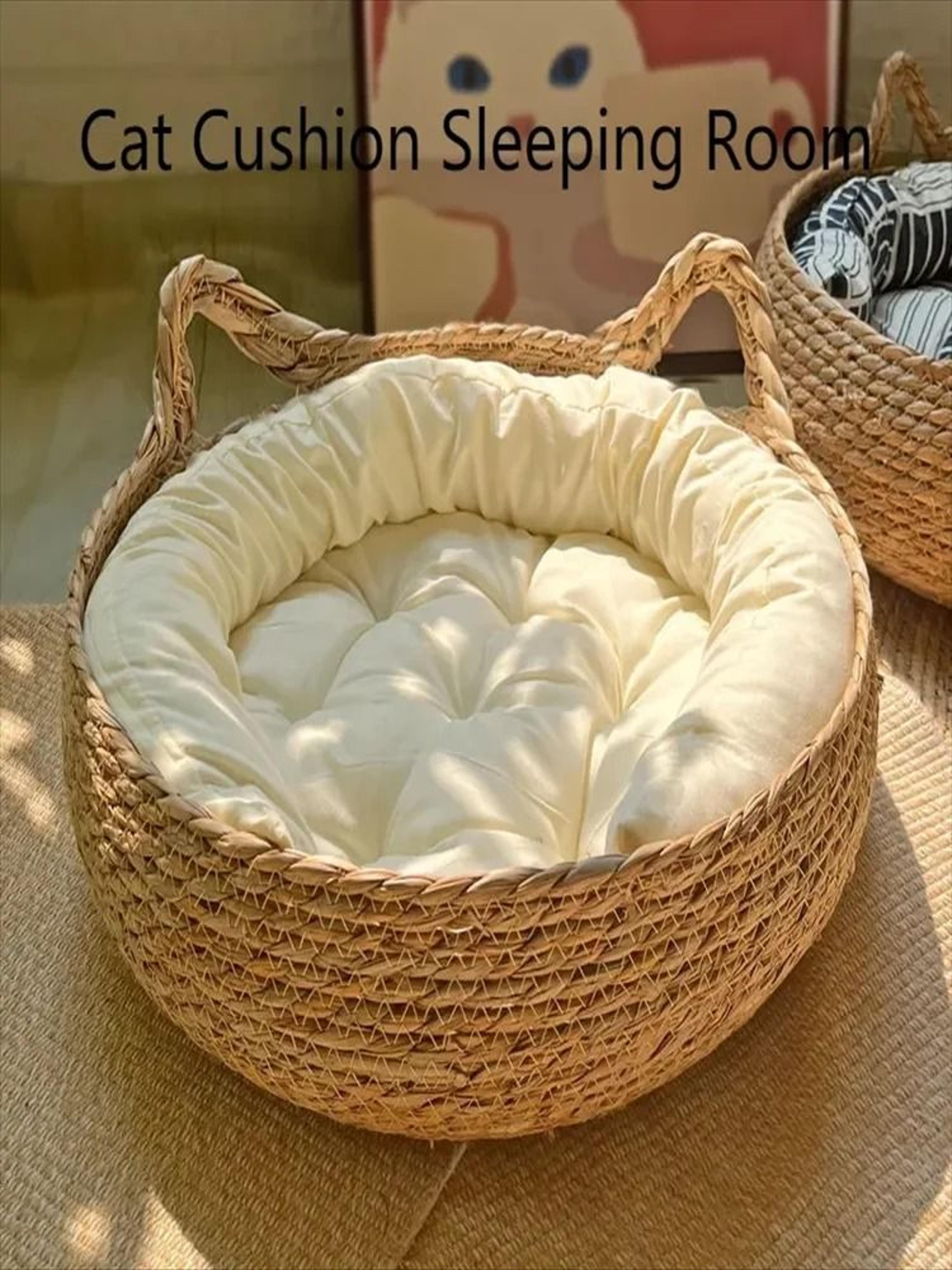 Handwoven Rattan Cat Bed With Washable Cushion For All Season Comfort 3