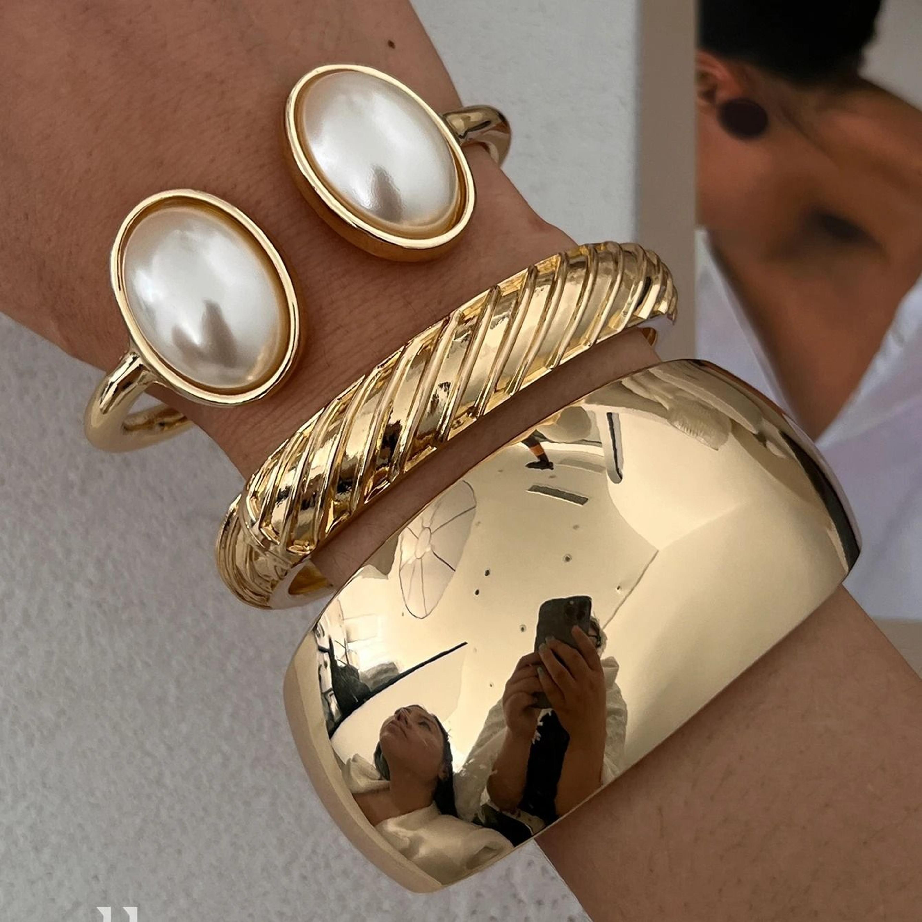 chunky gold punk bangle bracelet heavy metal spring cuff jewelry