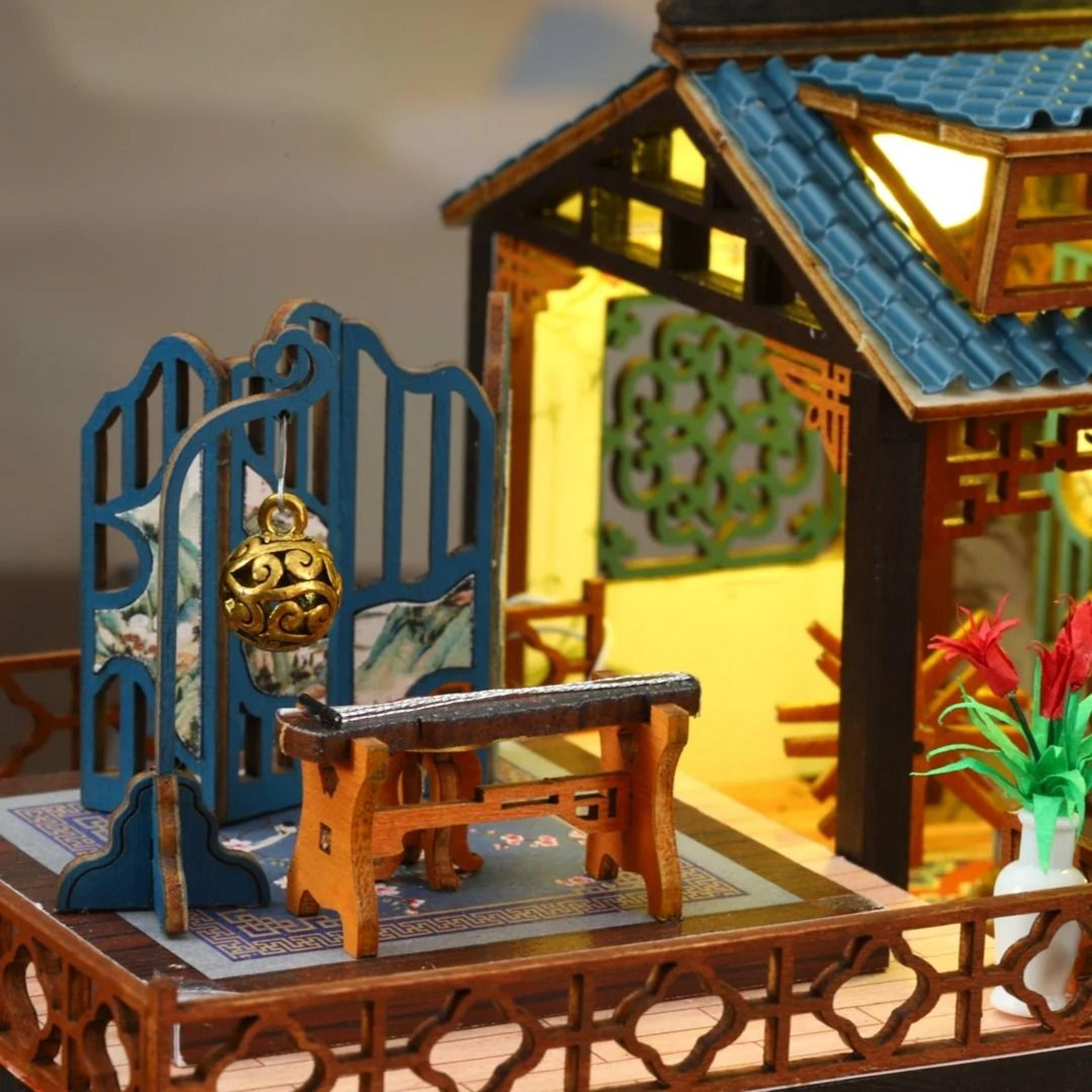 DIY Orchid Pavilion Book Nook Kit 3D Miniature Dollhouse Shelf Decor 3