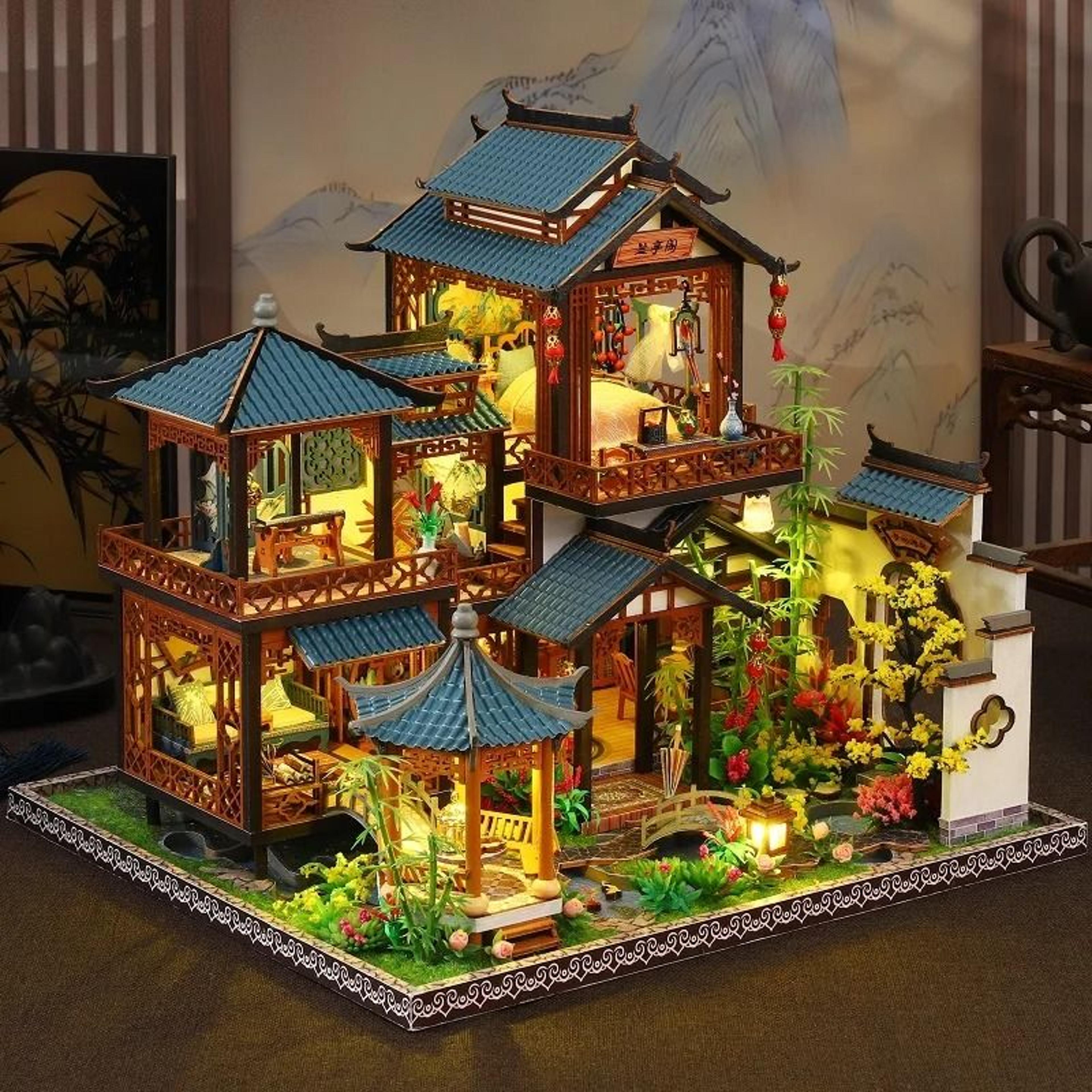 DIY Orchid Pavilion Book Nook Kit 3D Miniature Dollhouse Shelf Decor 5