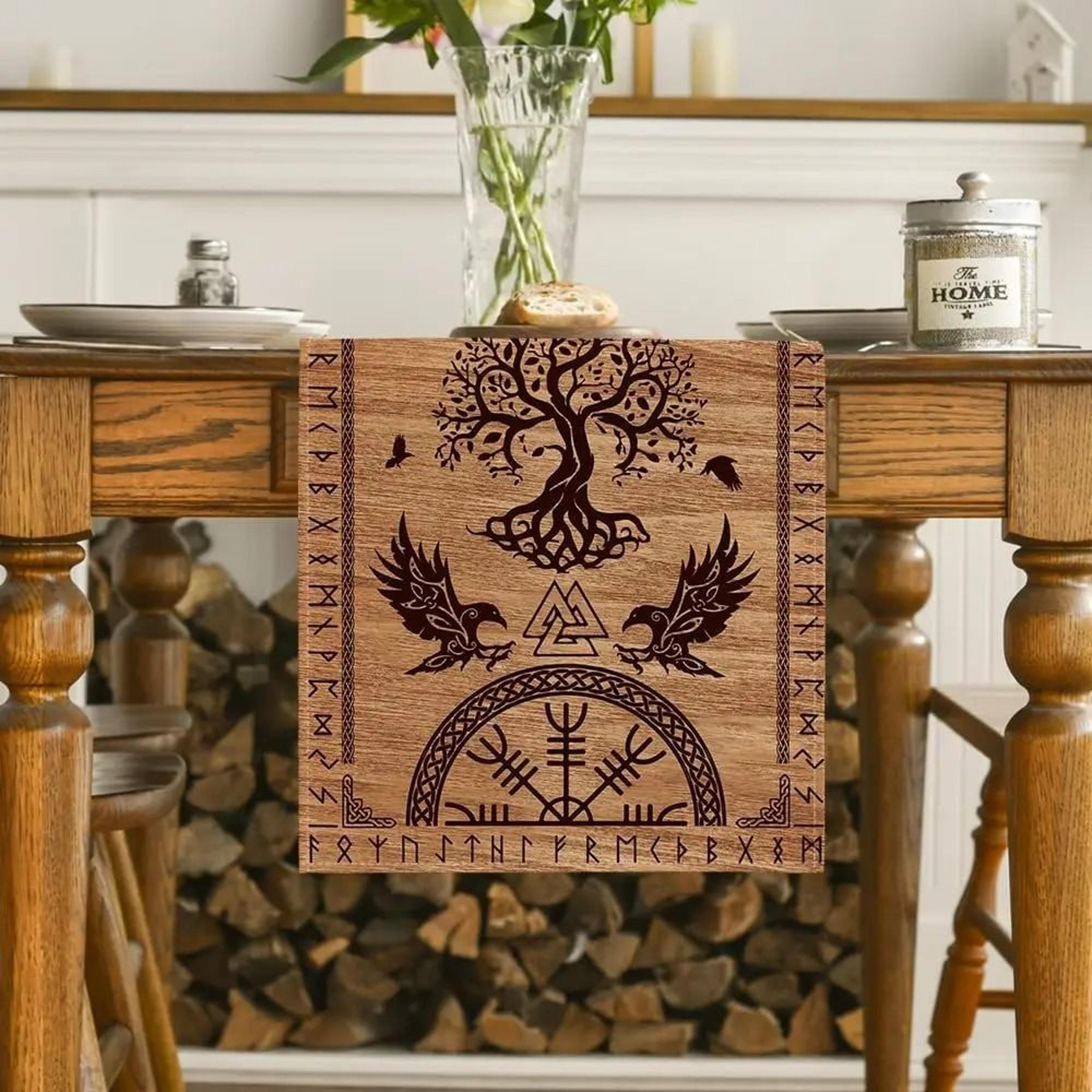 Viking Raven Helm Of Awe Linen Table Runner Norse Dining Decor 5