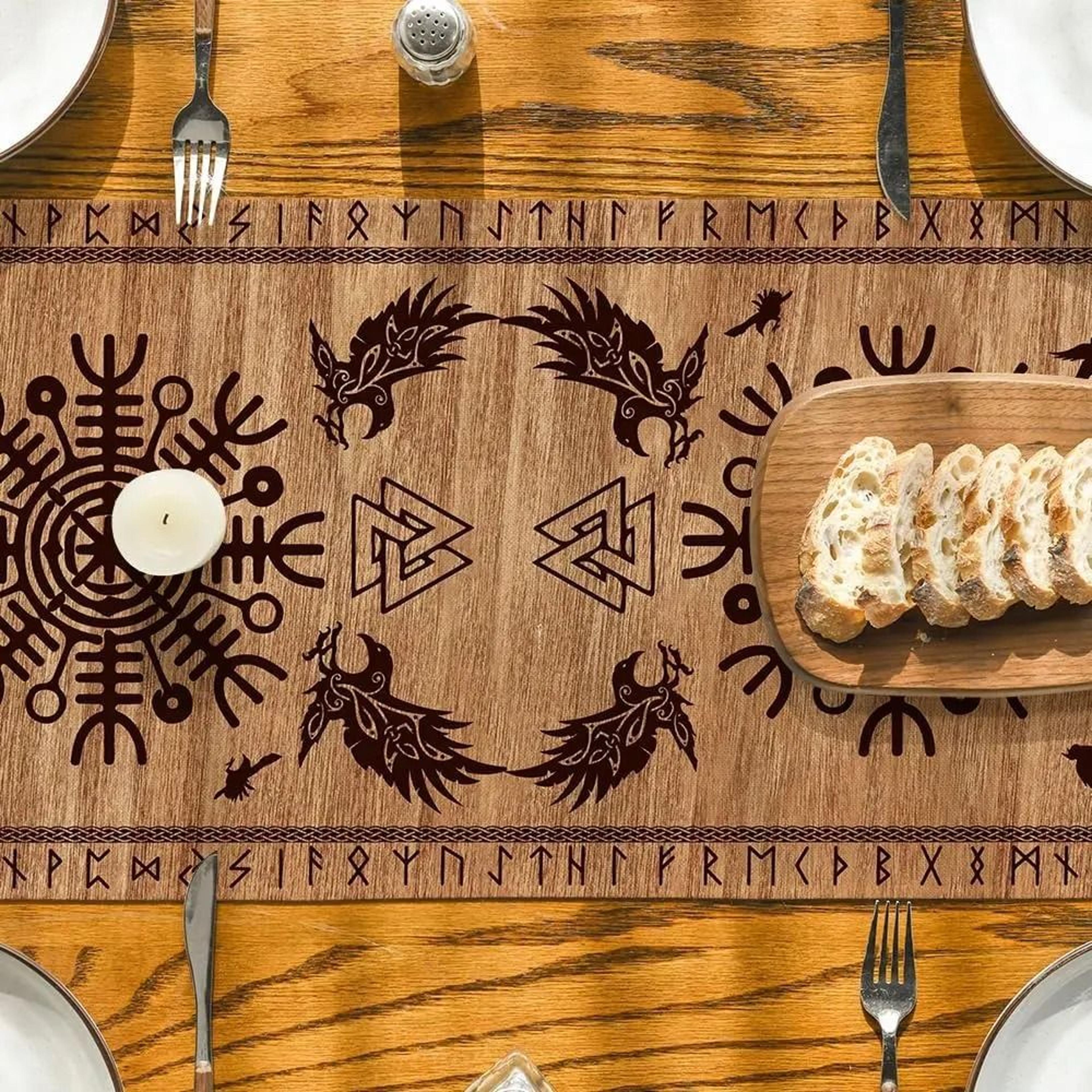 Viking Raven Helm Of Awe Linen Table Runner Norse Dining Decor 6