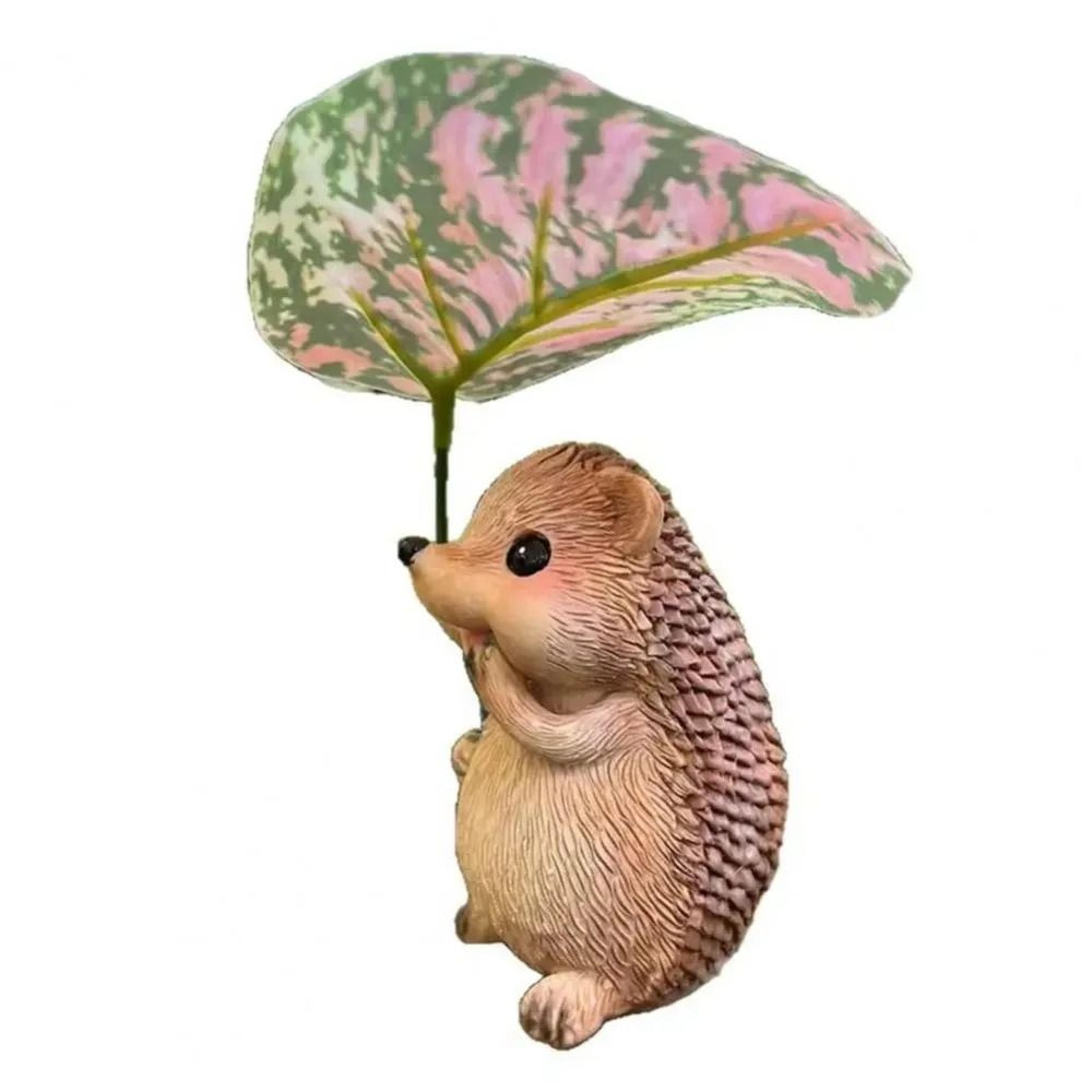Cute Resin Hedgehog Garden Statue With Leaf Umbrella For Outdoor Decor Ornament 2
