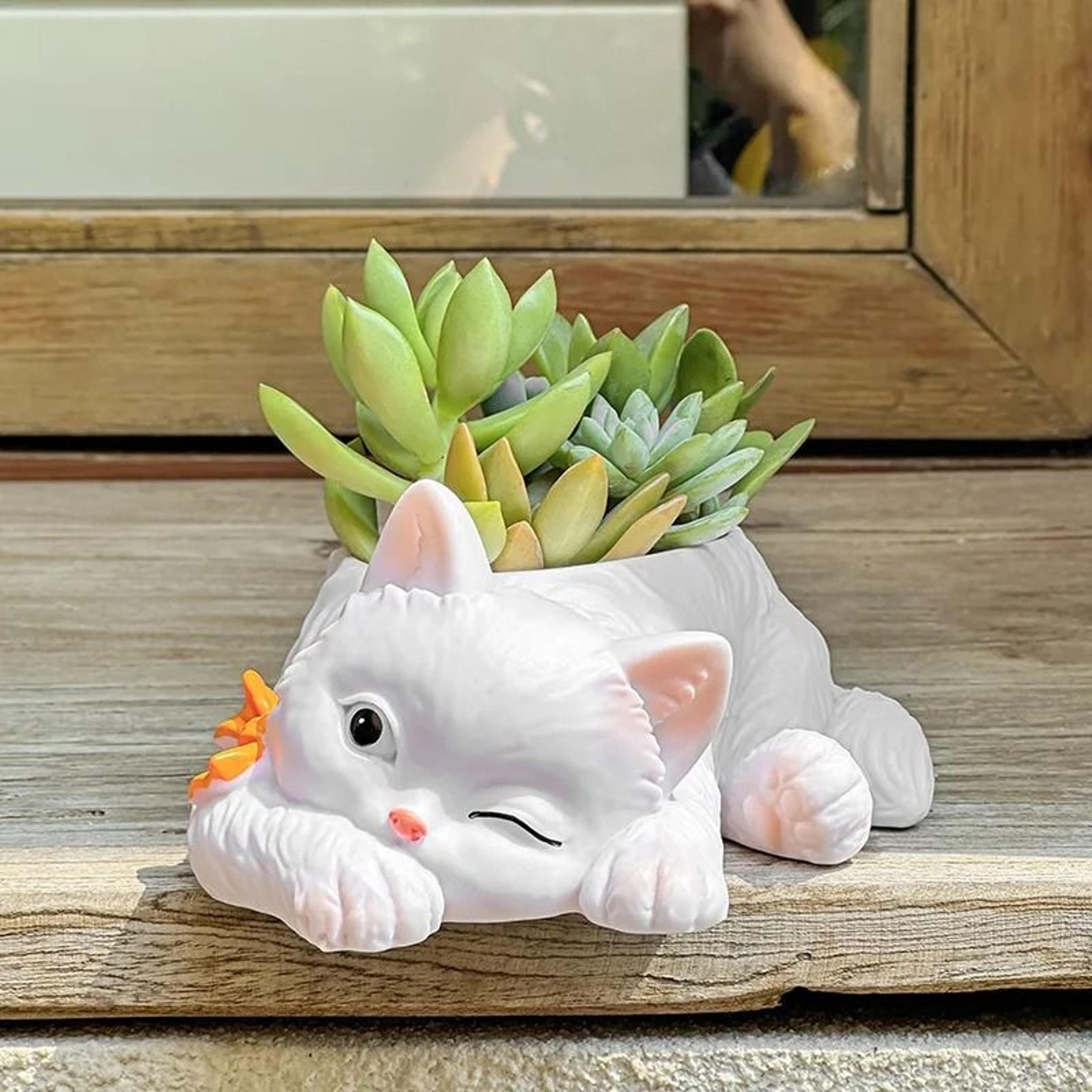 Cute Cat Resin Succulent Planter For Desktop Home Office Garden Decoration Display 2