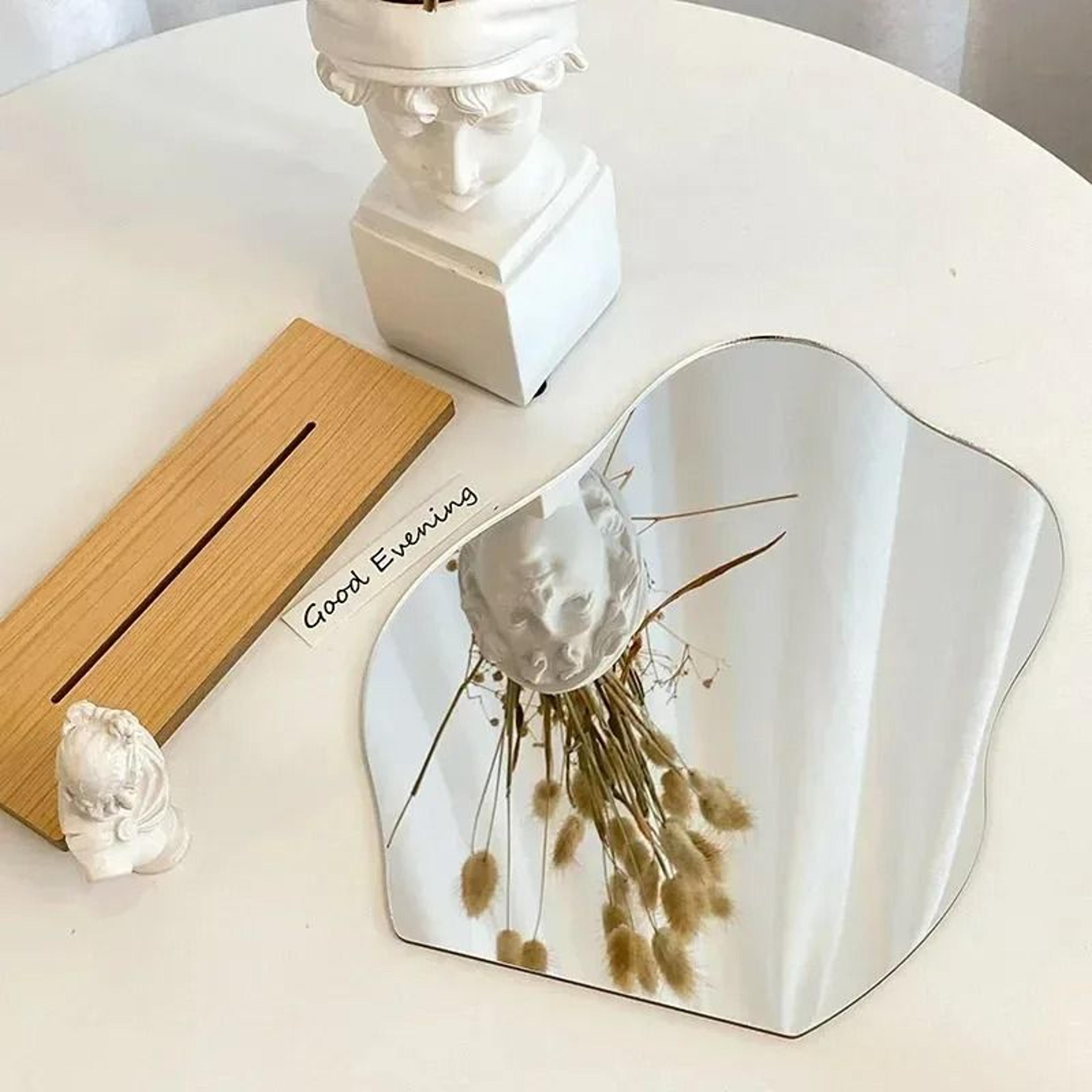 Modern Irregular Acrylic Vanity Mirror Wooden Base Desktop Makeup Decor Mirror 5
