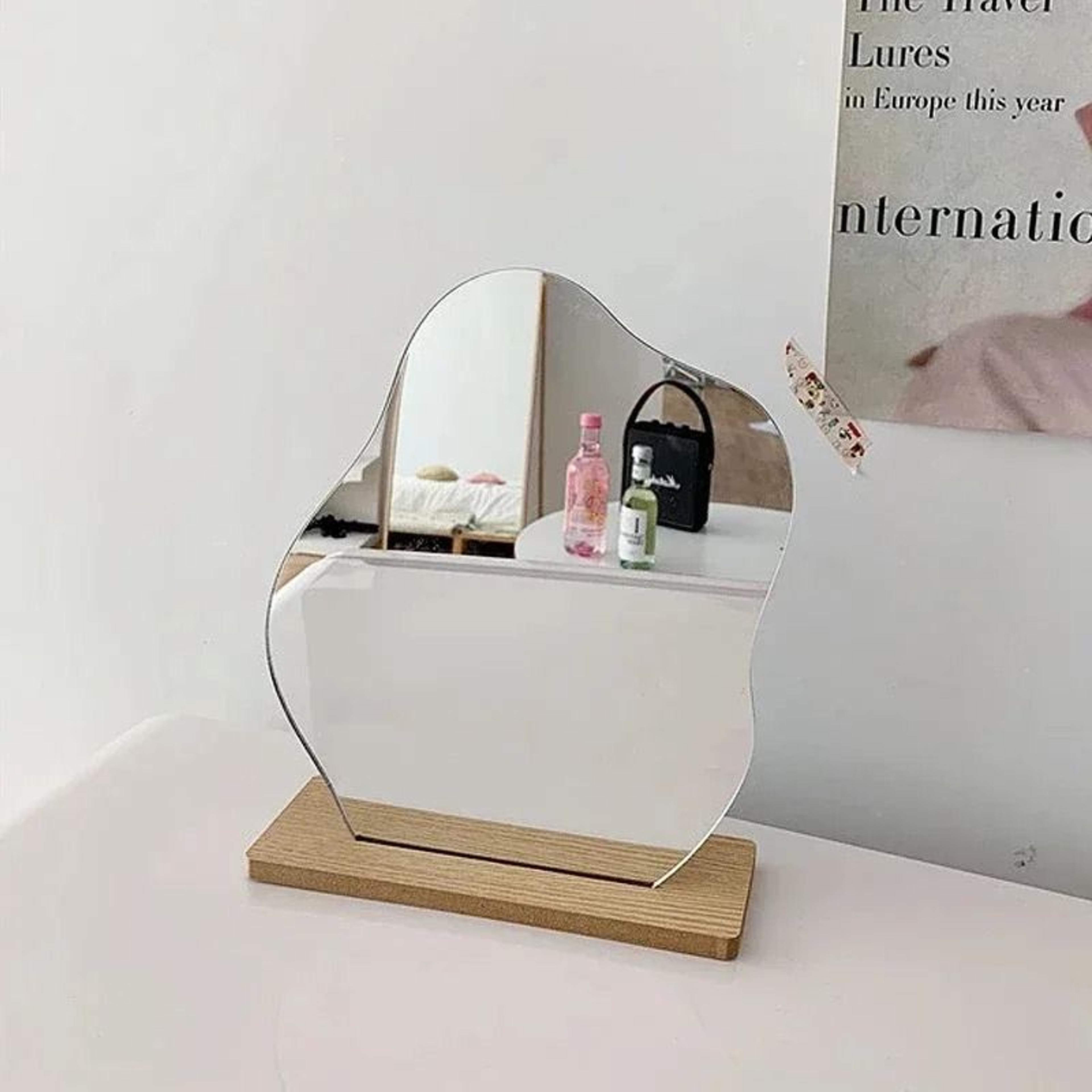 Modern Irregular Acrylic Vanity Mirror Wooden Base Desktop Makeup Decor Mirror 3