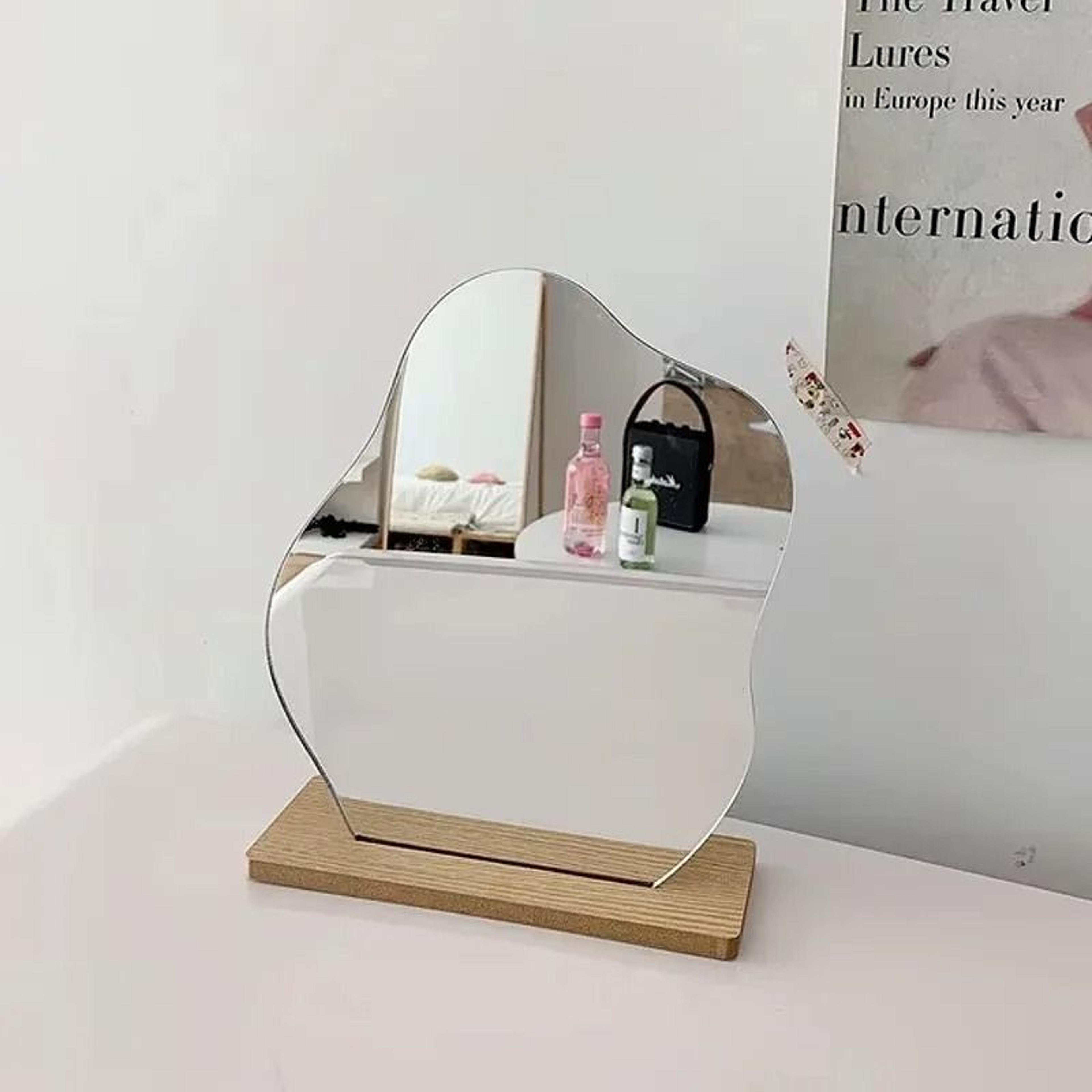Modern Irregular Acrylic Vanity Mirror Wooden Base Desktop Makeup Decor Mirror 4