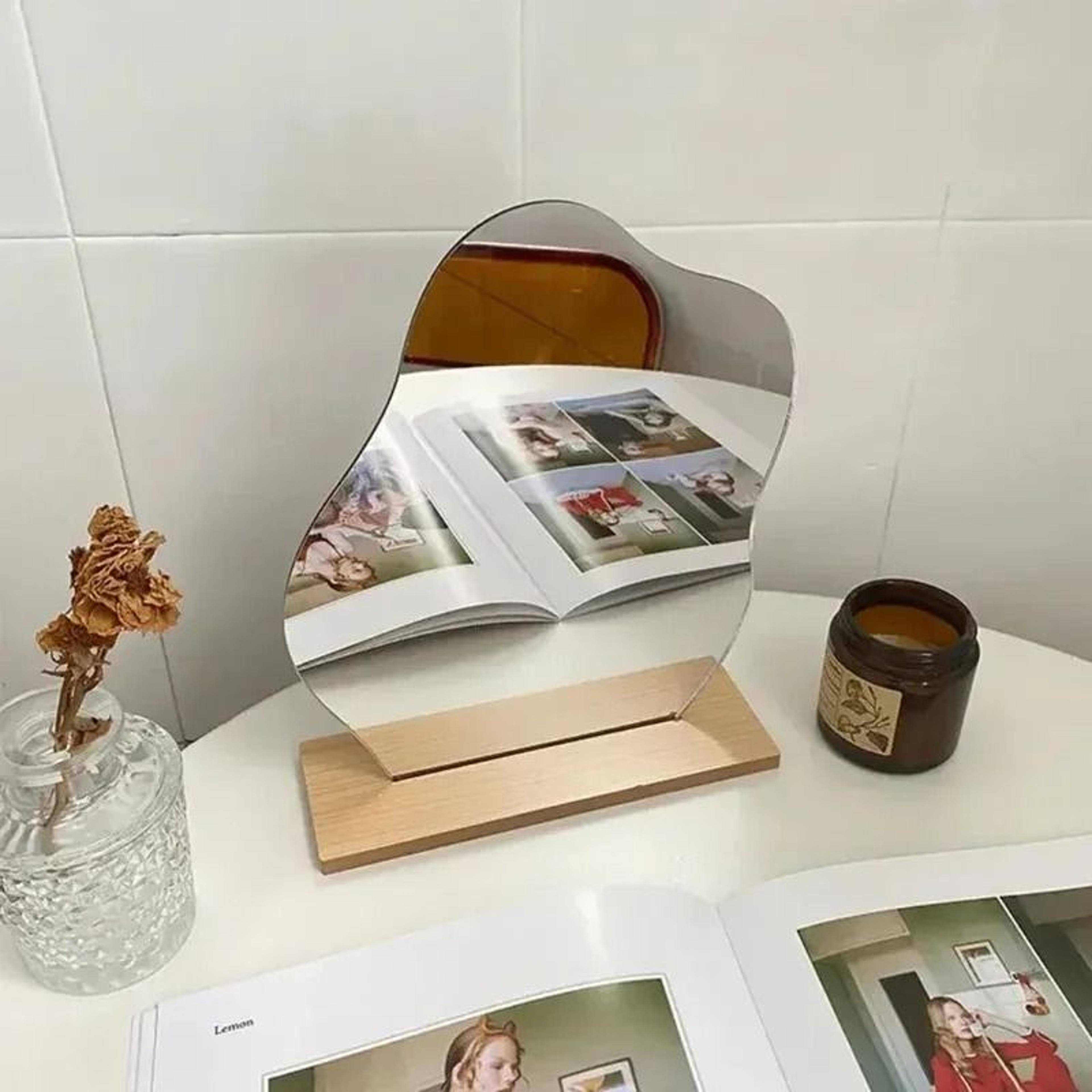 Modern Irregular Acrylic Vanity Mirror Wooden Base Desktop Makeup Decor Mirror 6