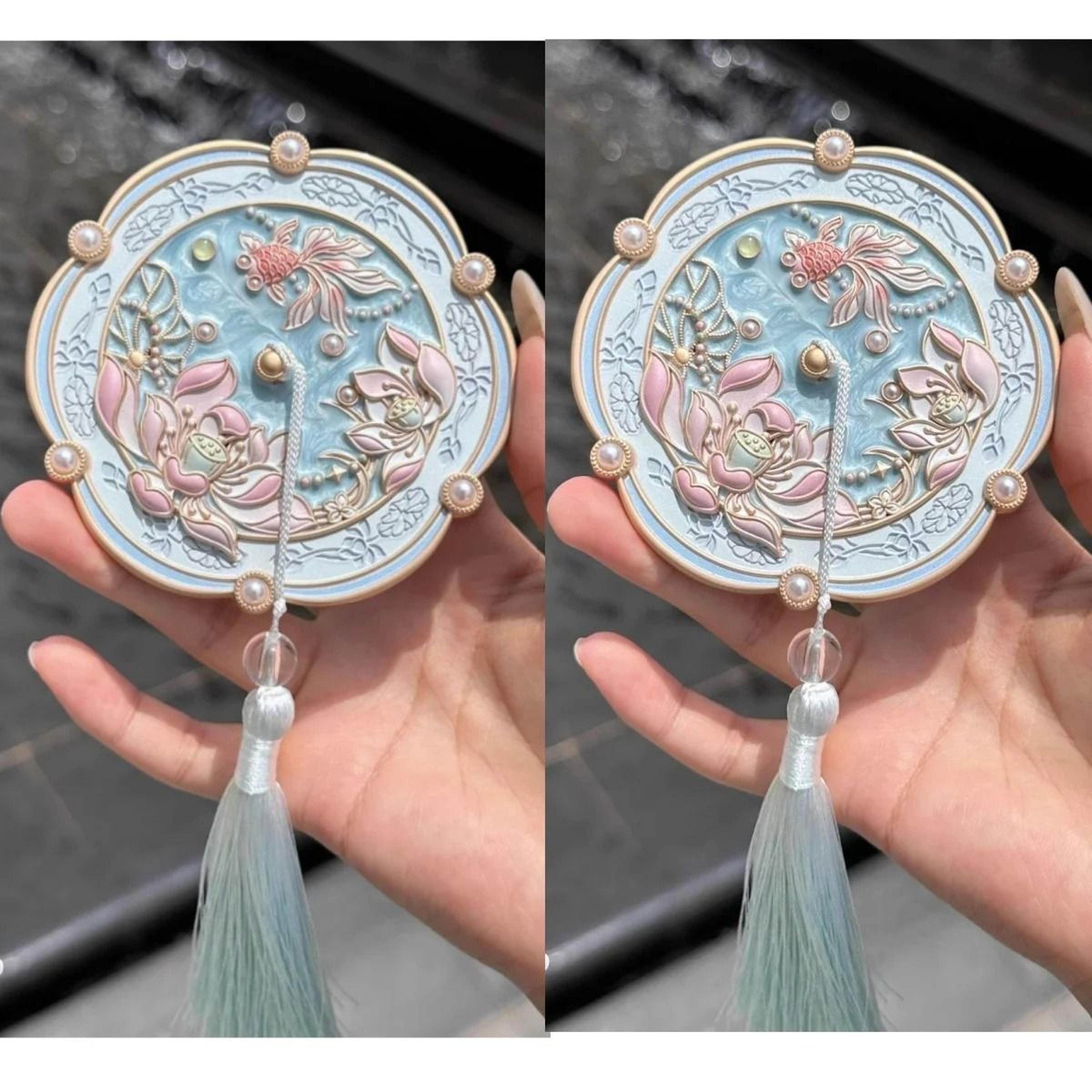 Beijing Hibiscus Handheld Makeup Mirror Portable Chinese Style Travel Souvenir Mirror 4