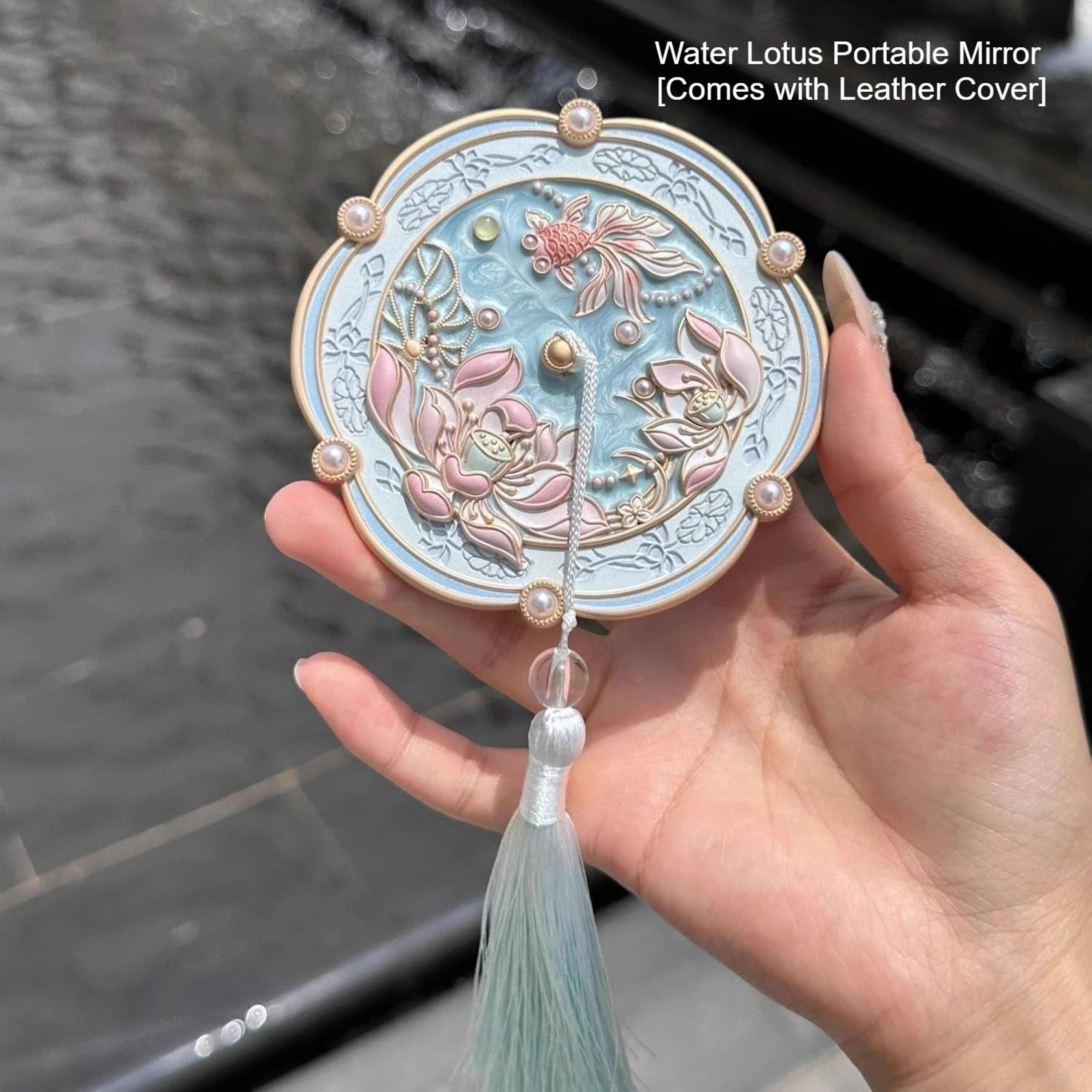 Beijing Hibiscus Handheld Makeup Mirror Portable Chinese Style Travel Souvenir Mirror 3