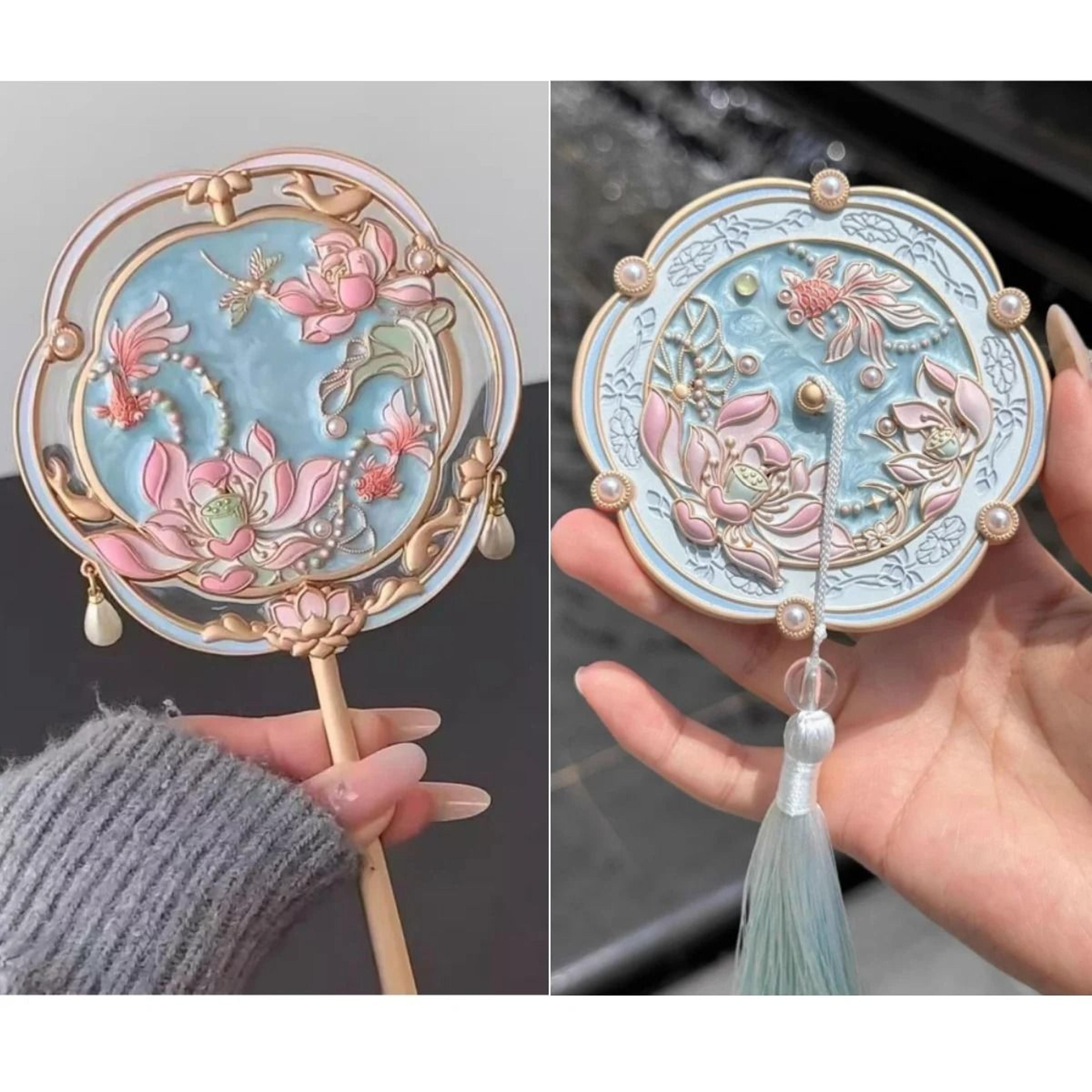 Beijing Hibiscus Handheld Makeup Mirror Portable Chinese Style Travel Souvenir Mirror 6