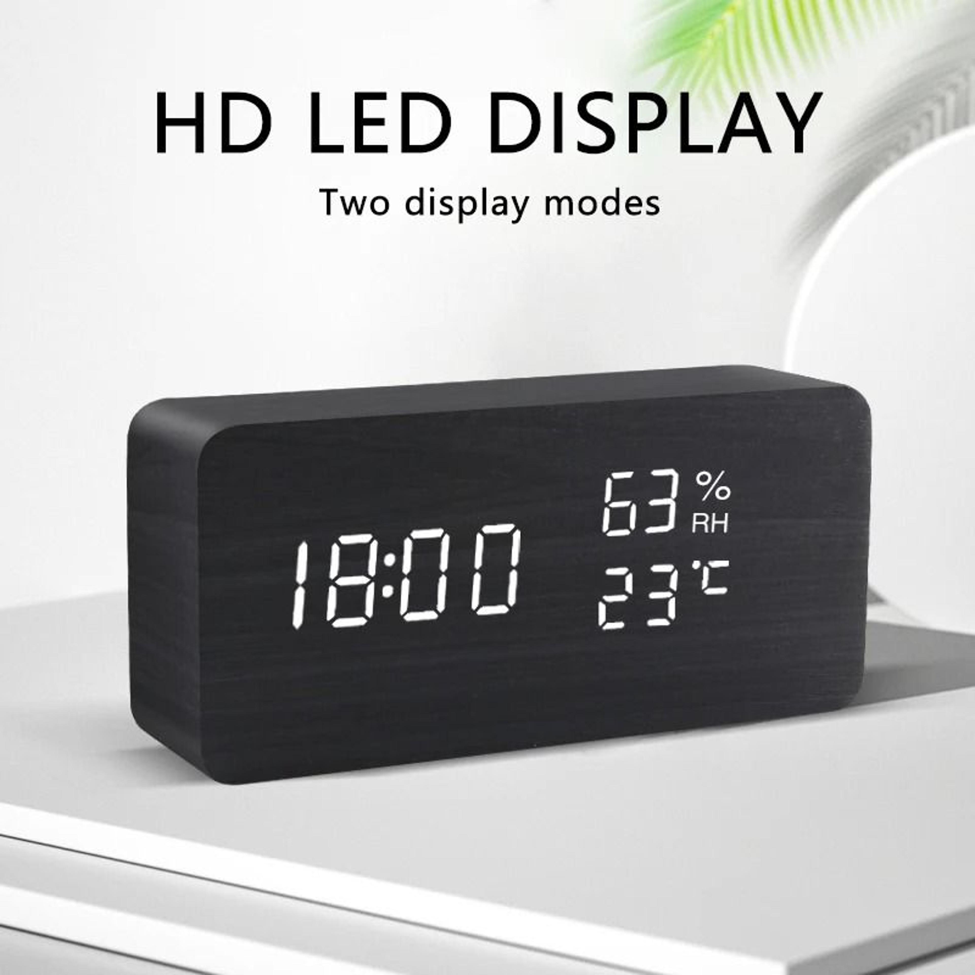 Wood Grain LED Digital Alarm Clock With Voice Control And Temperature Display 12
