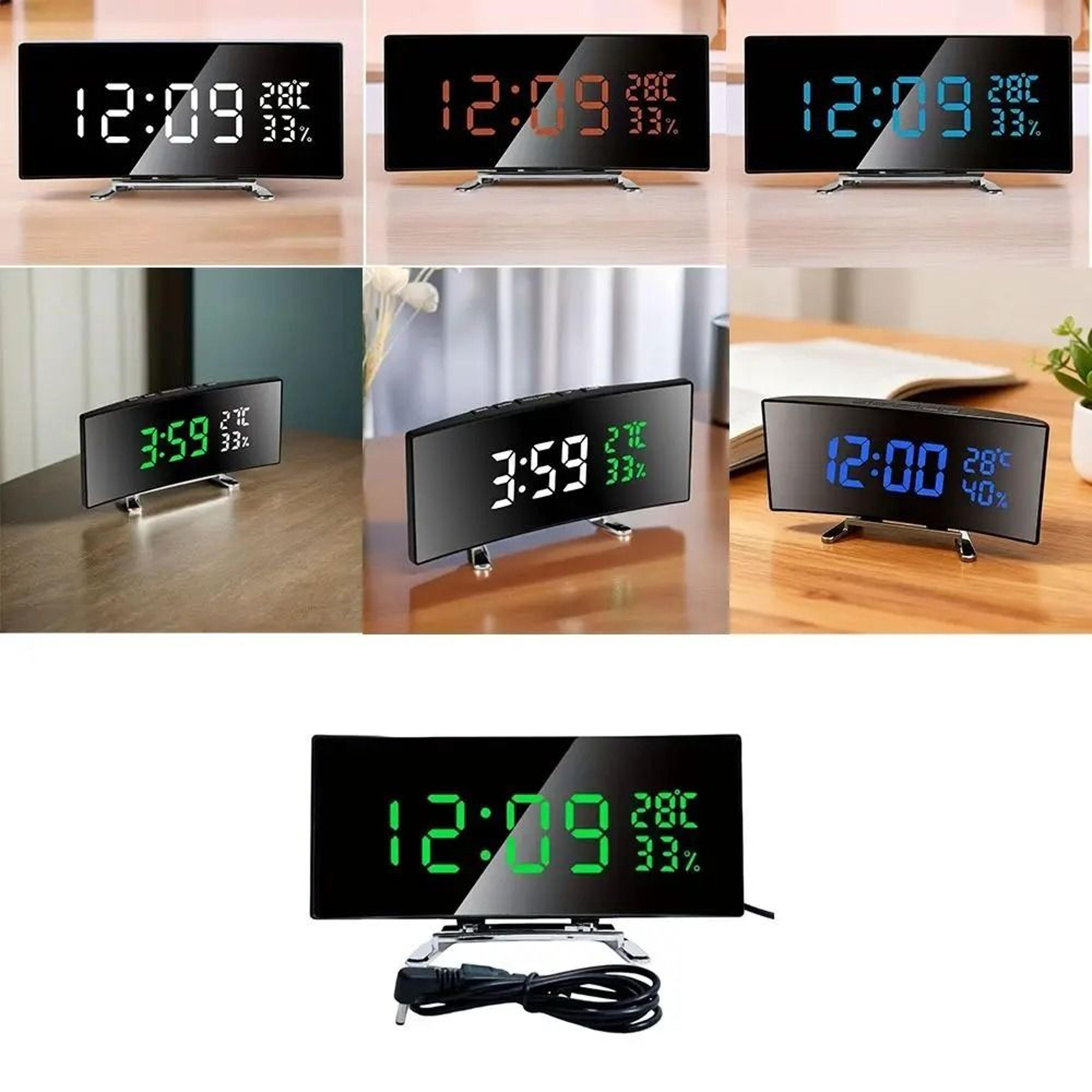 curved led digital alarm clock with temperature humidity and adjustable brightness