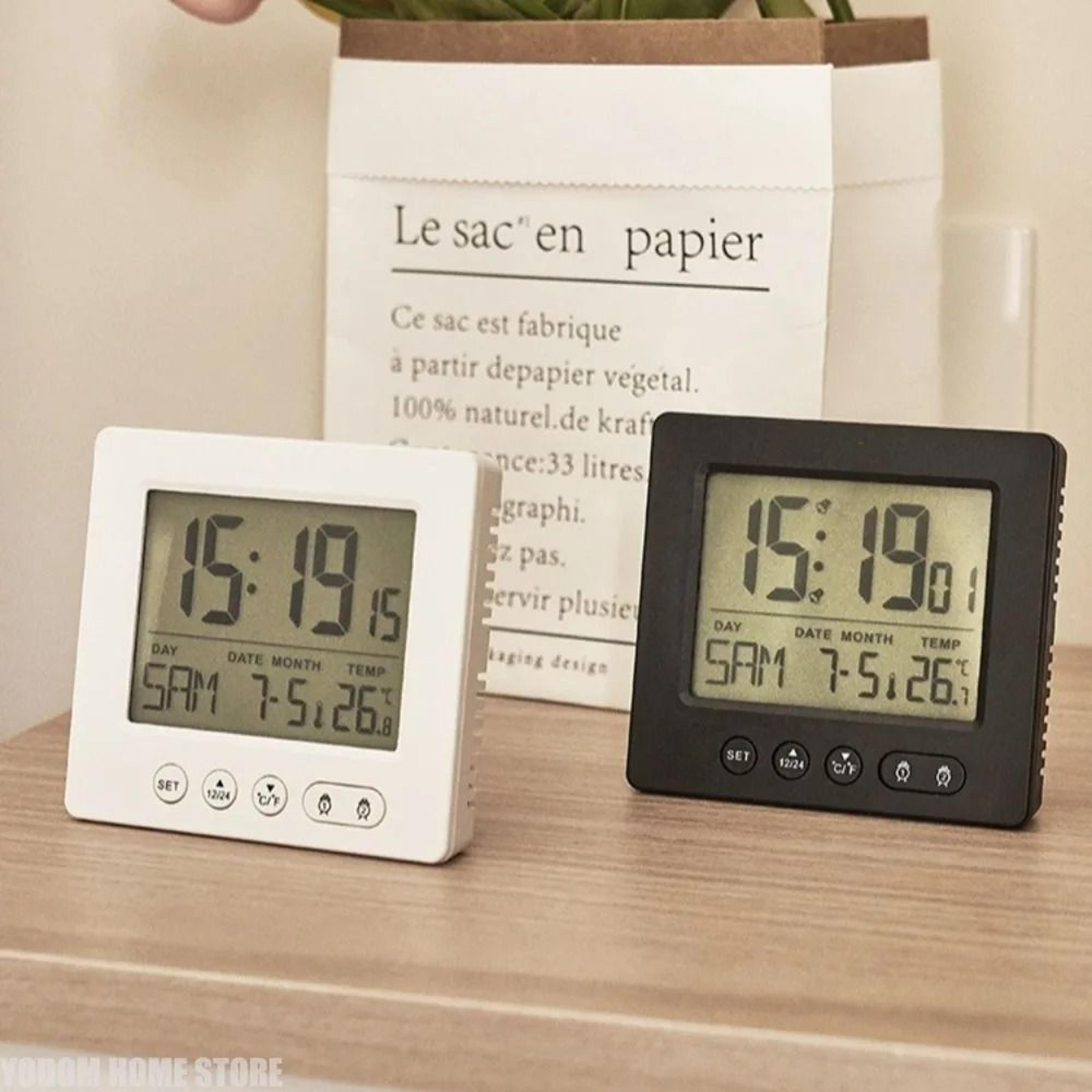 compact digital alarm clock with thermometer and dual alarms