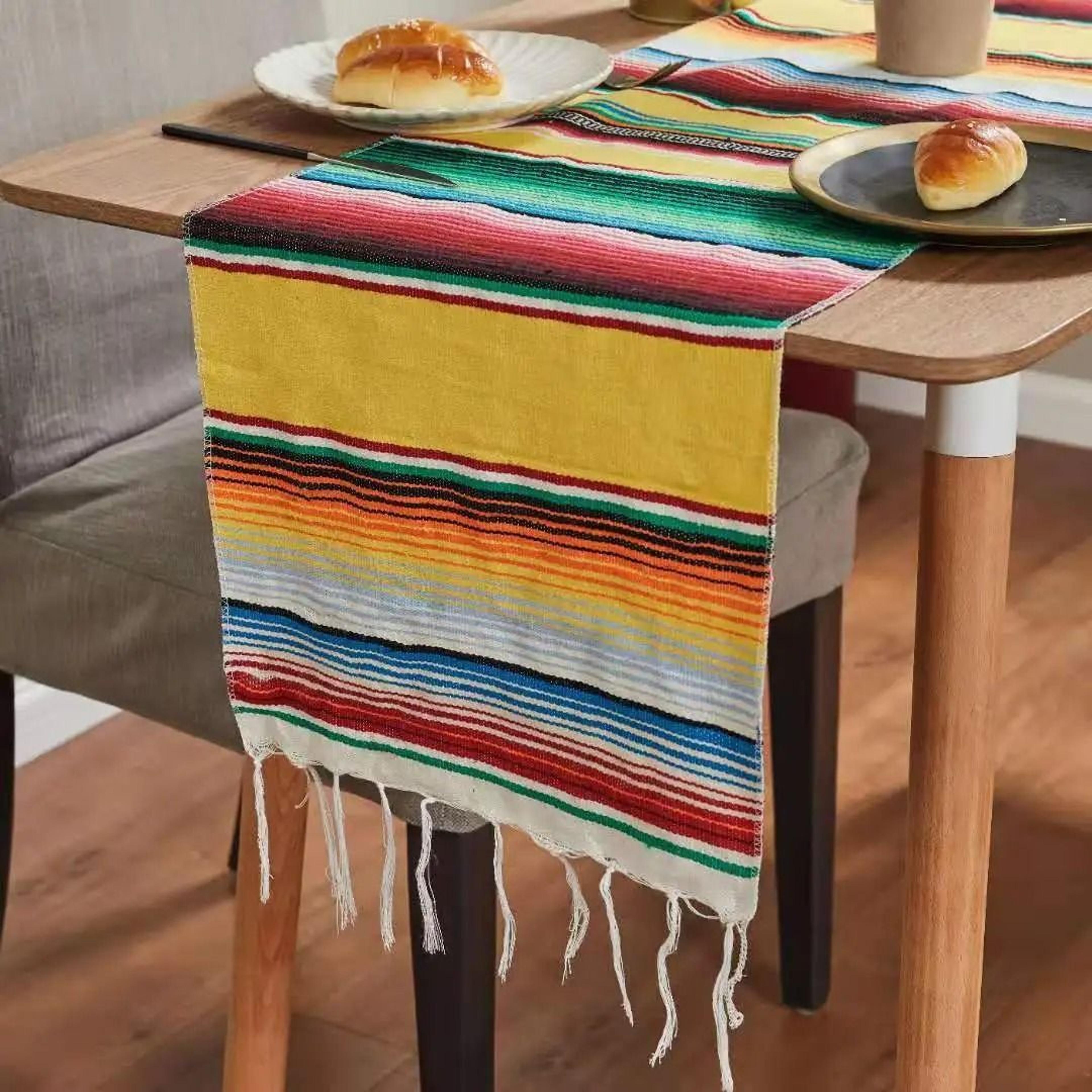 Colorful Mexican Serape Table Runner Woven Fringe Party Decor 4