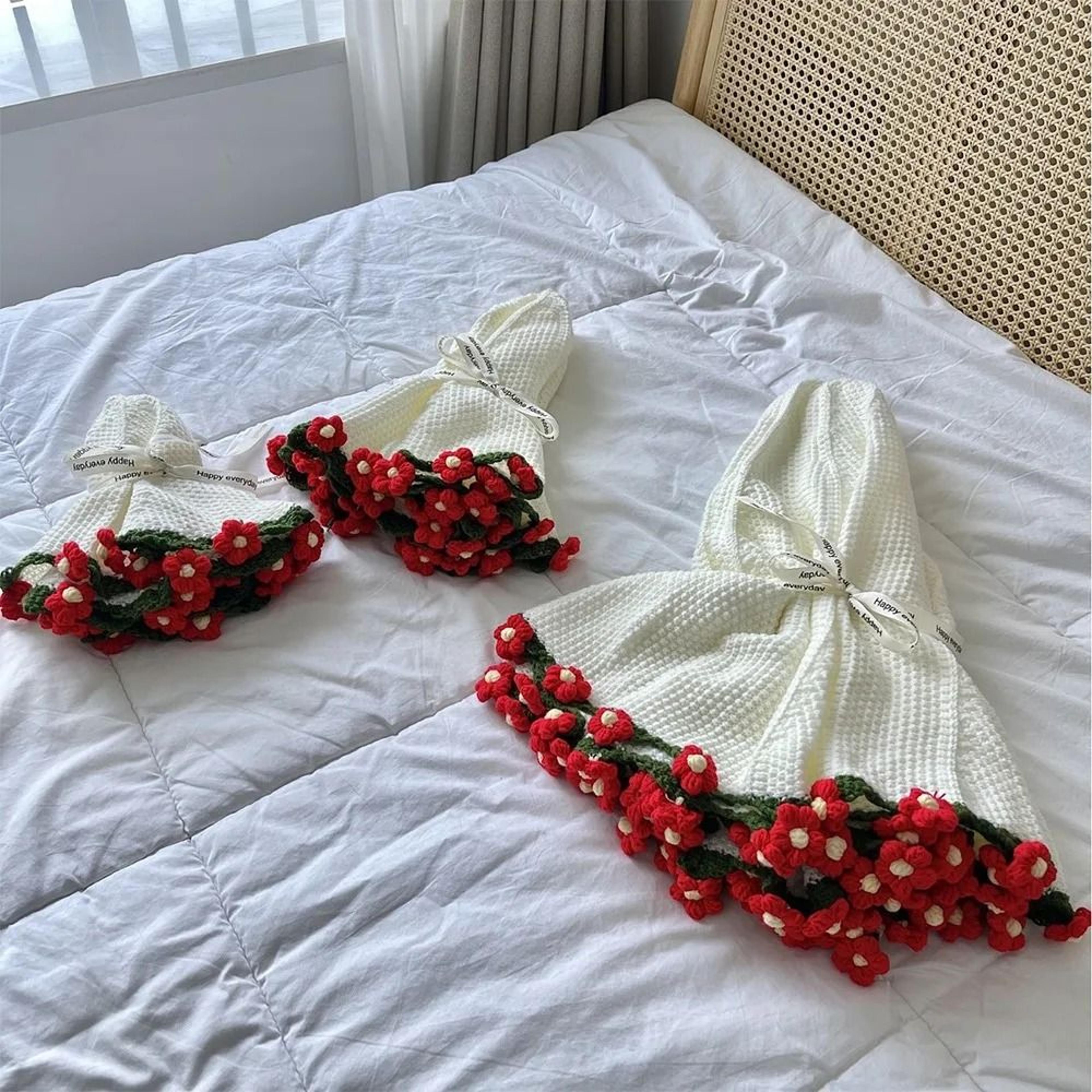 Crochet Flower Bouquet Blanket Rose Sunflower Carnation Knit Throw 2