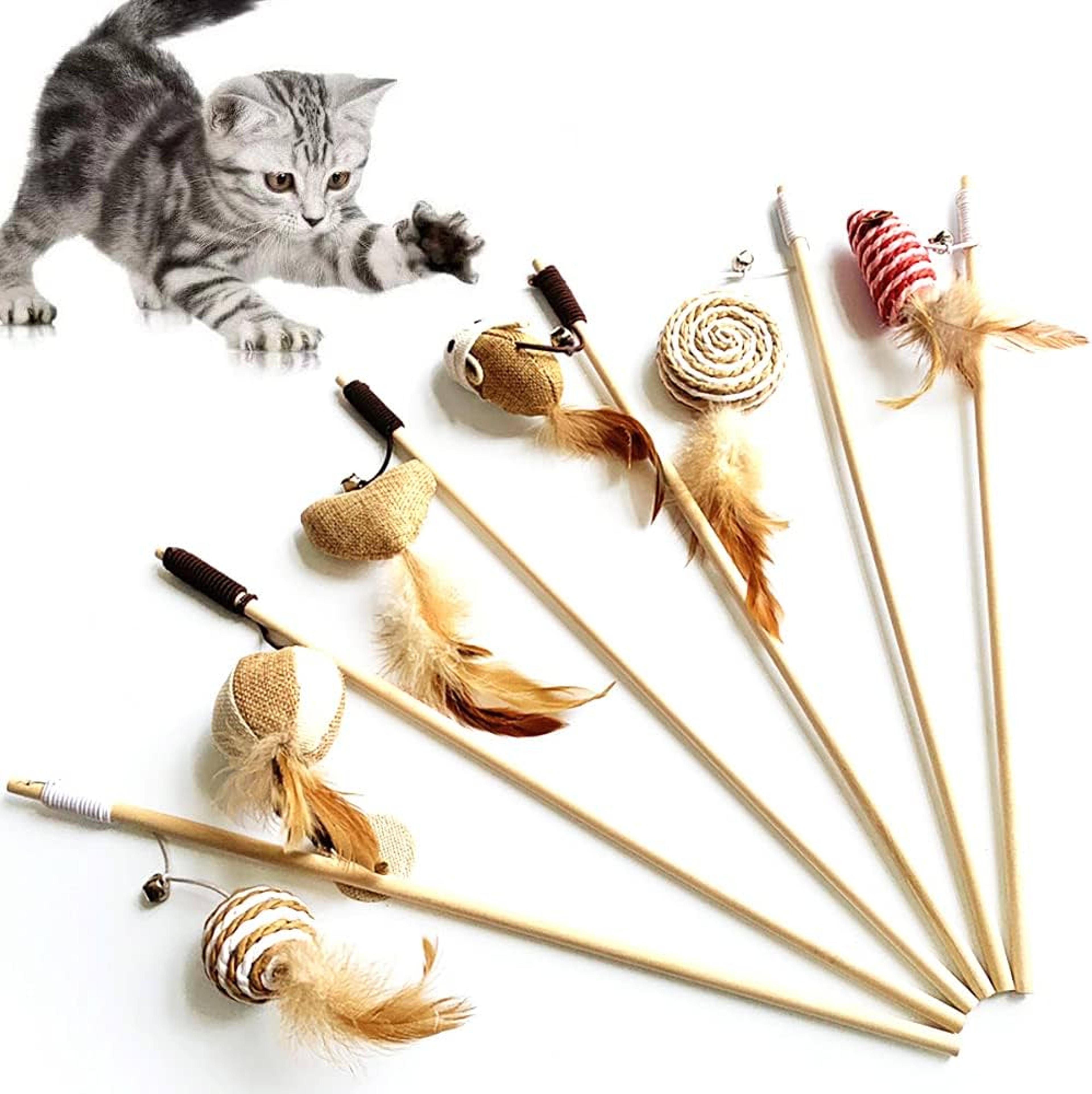 wooden cat teaser wand mouse feather and bell interactive cat toy