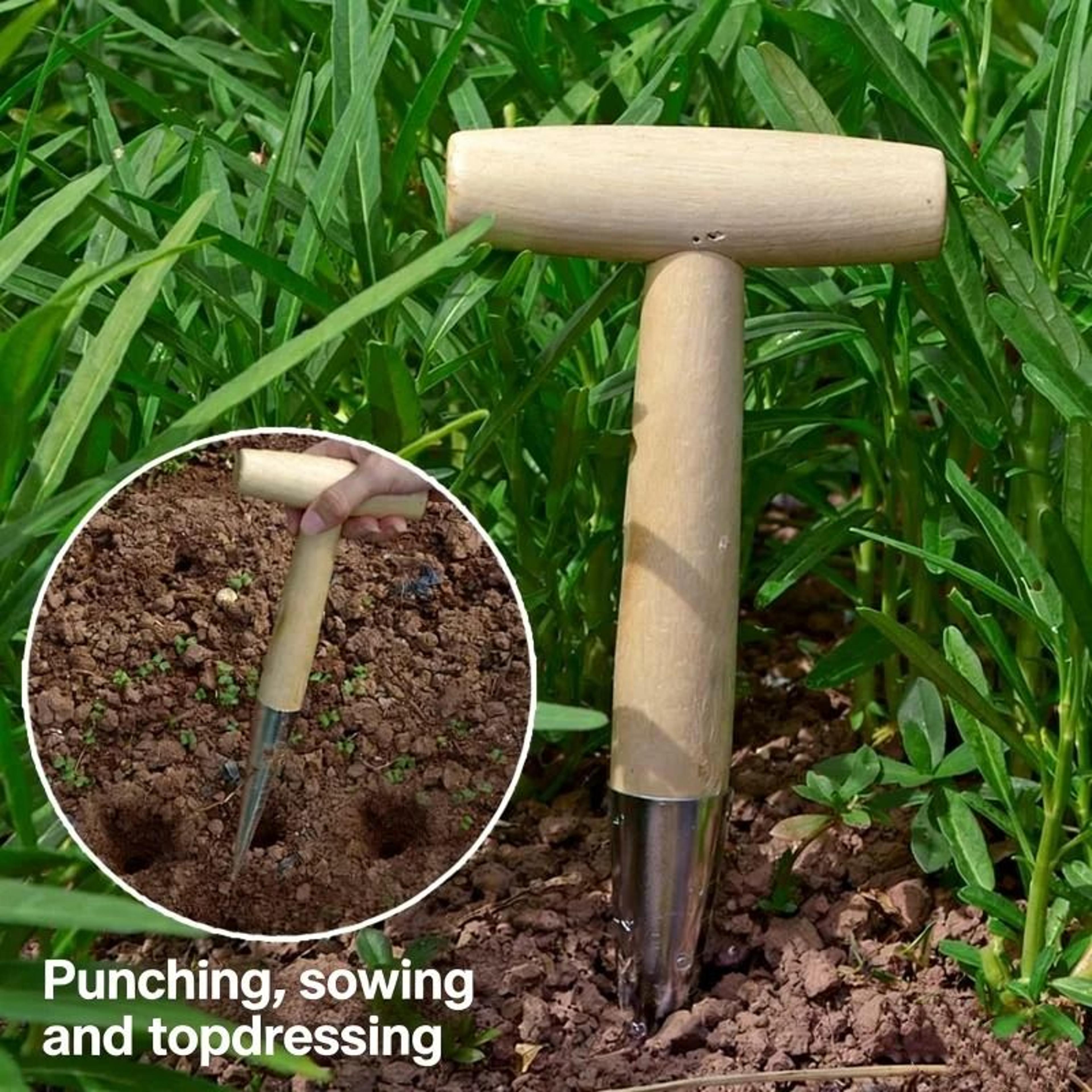 wood handle garden hole puncher with clear depth scale