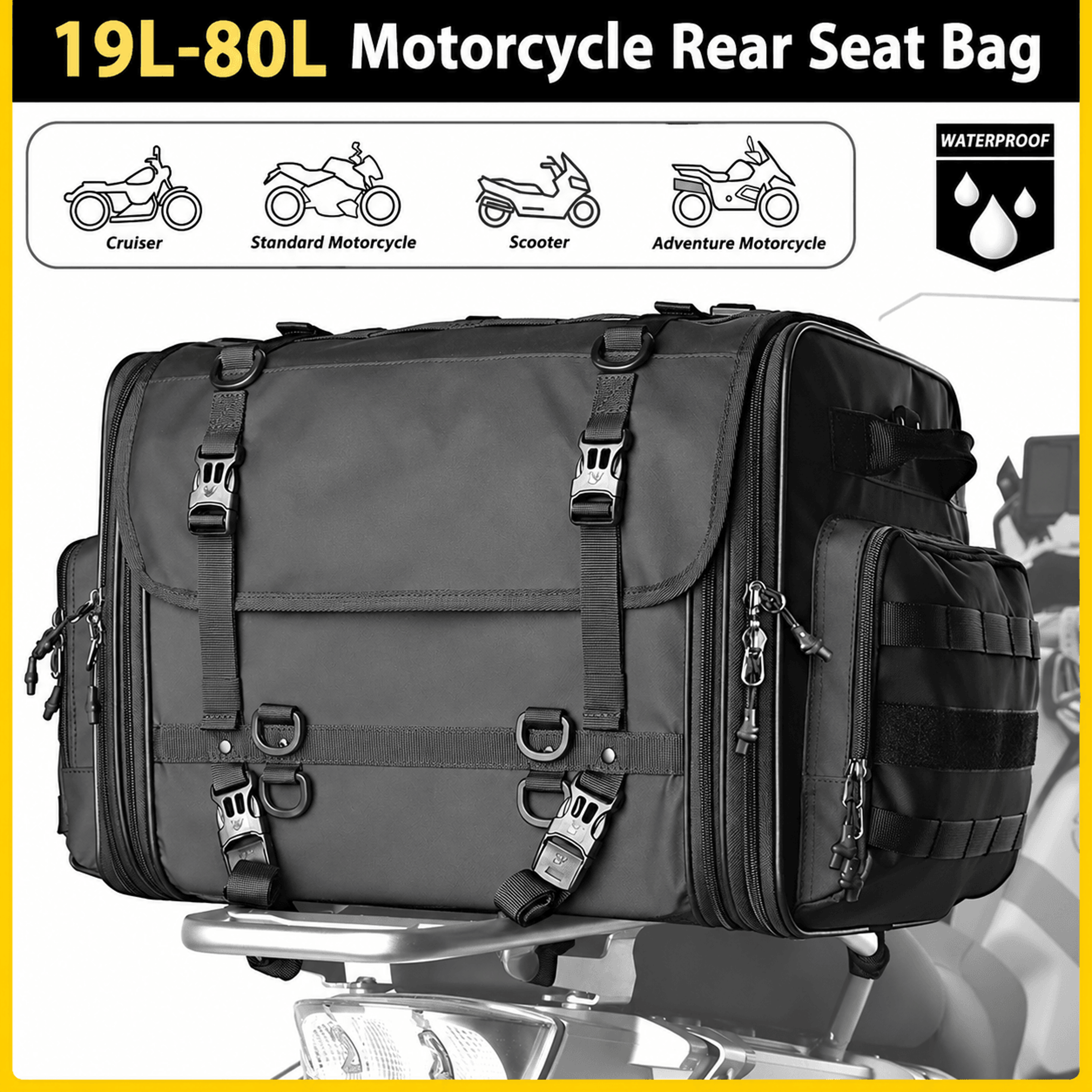 19l–80l expandable motorcycle rack bag waterproof travel tail luggage