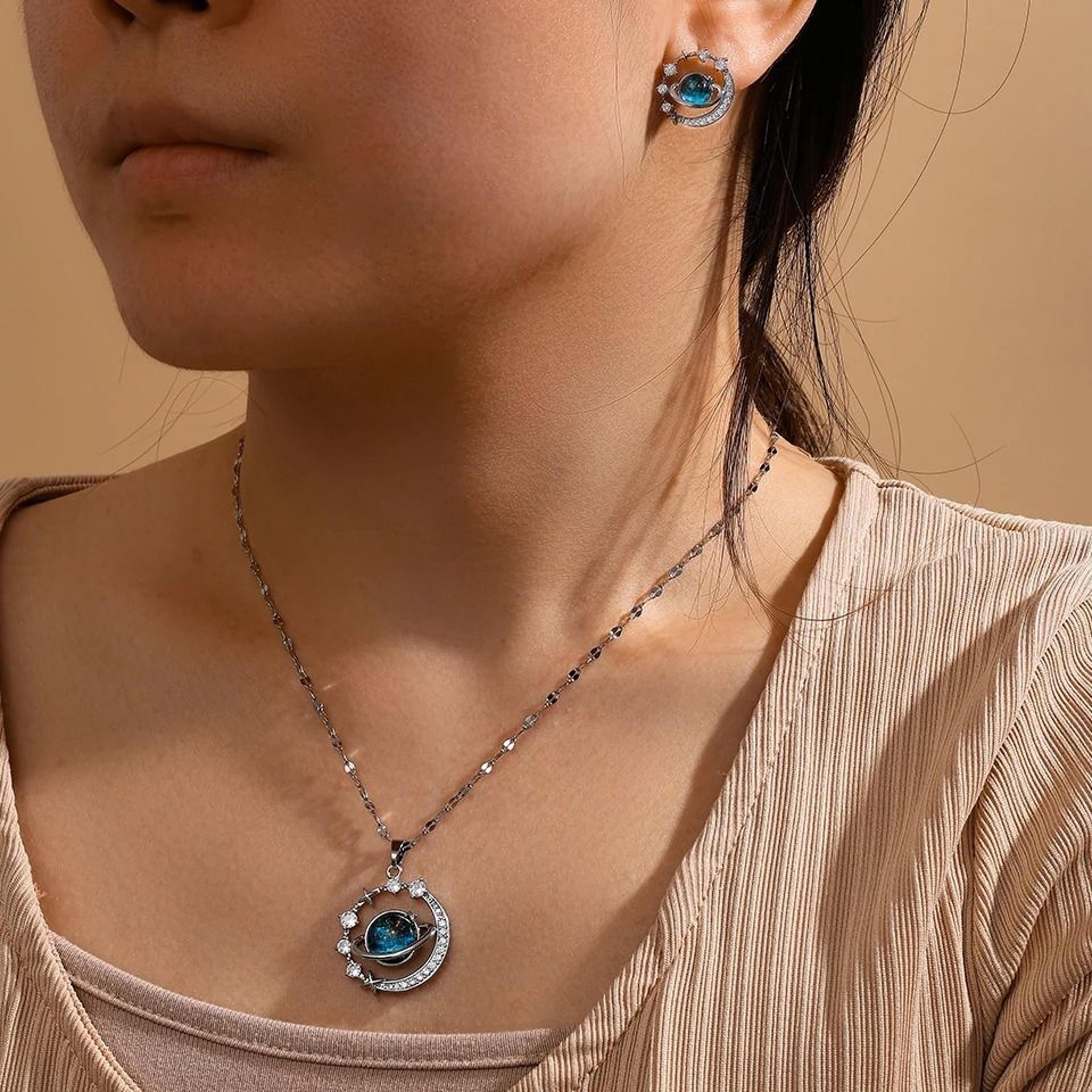 womens planet jewelry set titanium steel necklace and stud earrings