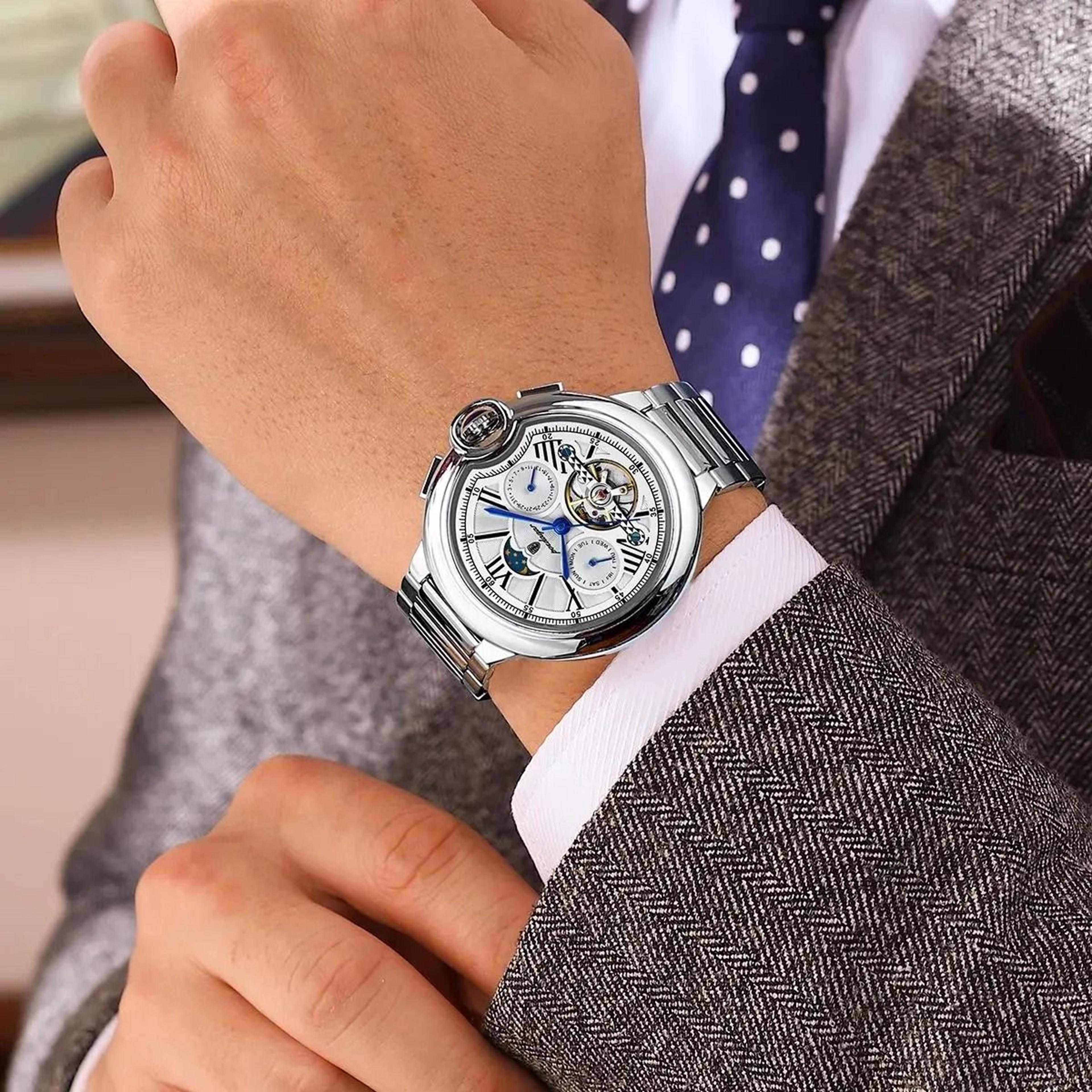 mens automatic mechanical watch hollow dial date week stainless steel wristwatch