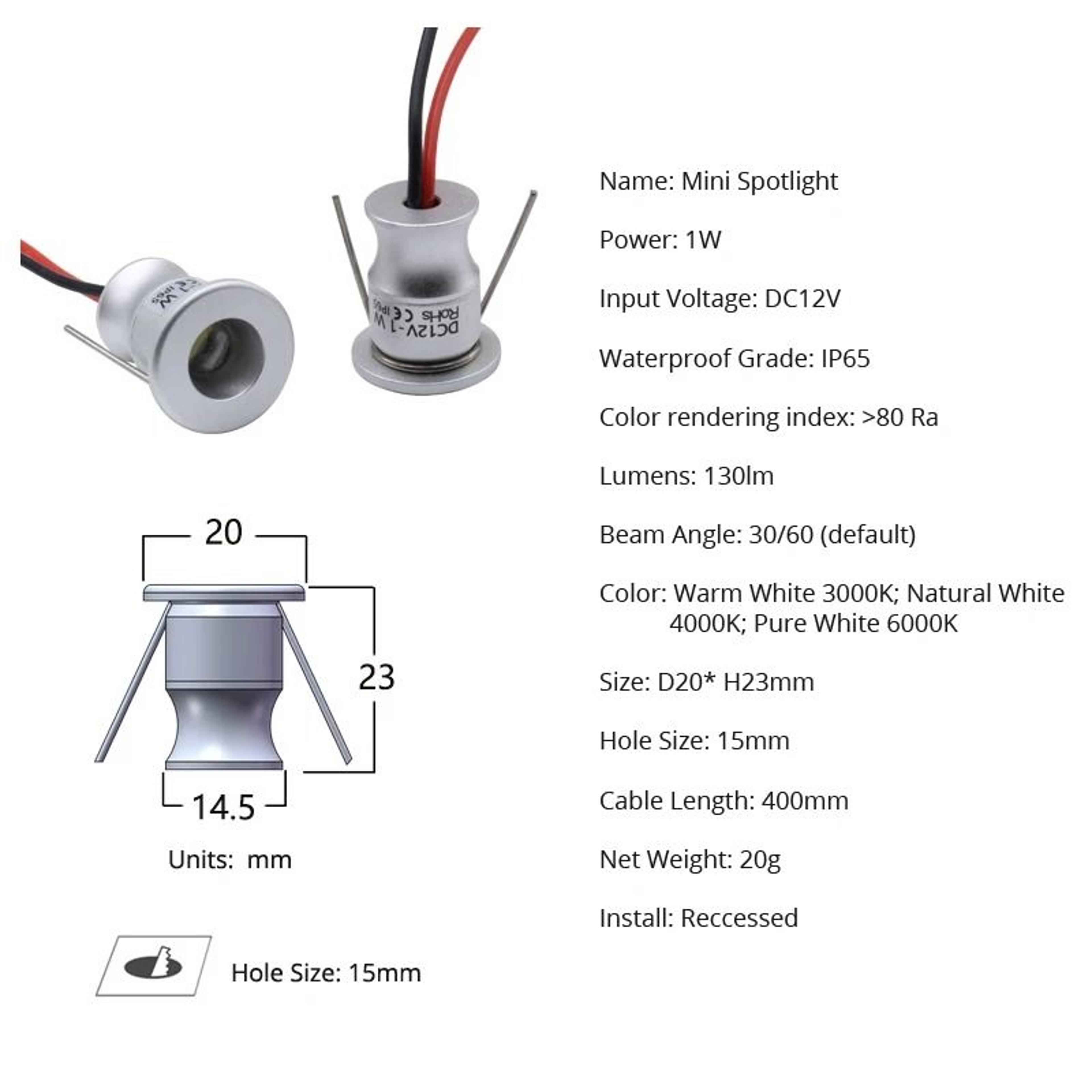 10 Pack 1W IP65 Waterproof Mini LED Recessed Spotlights With Power Supply 2