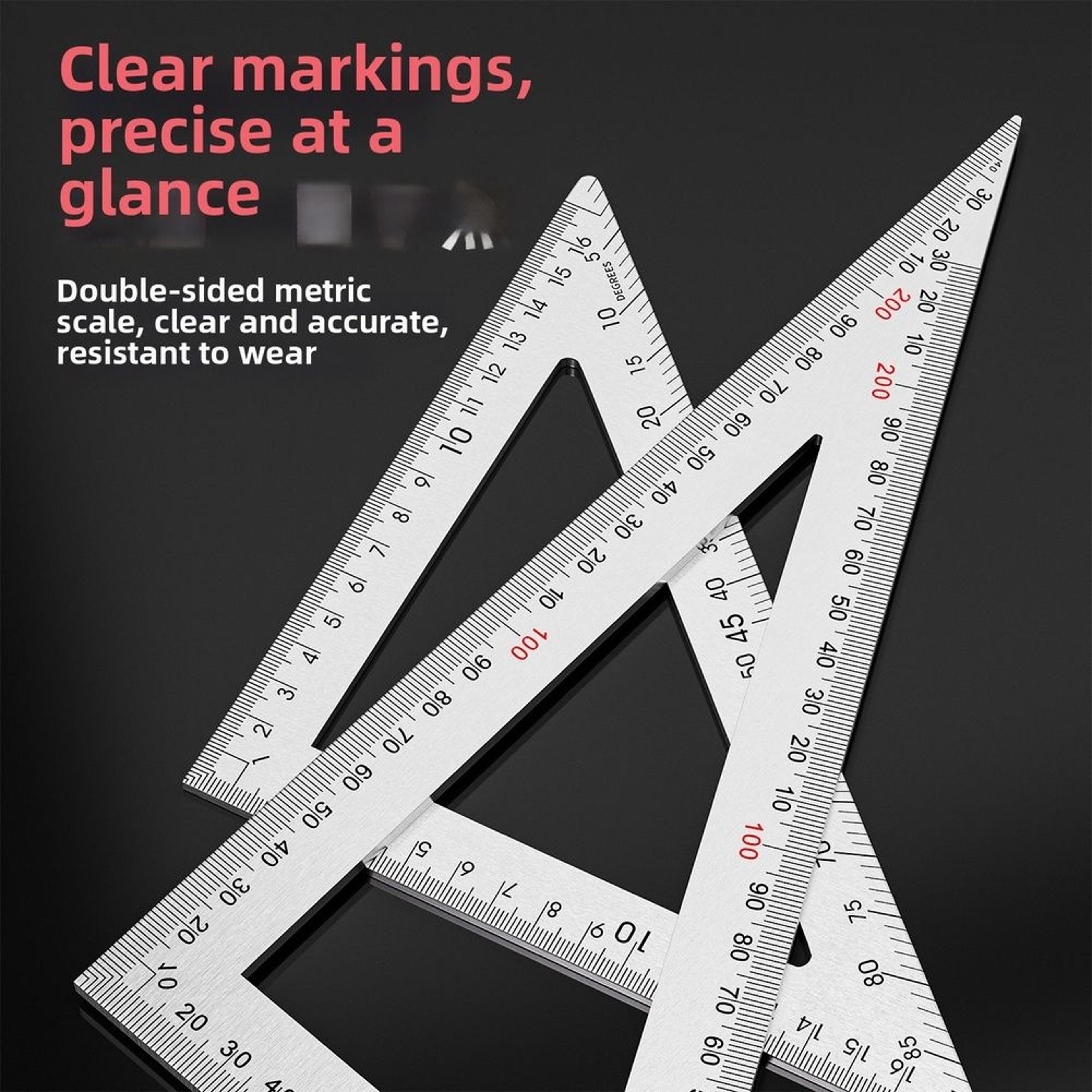 45 90 Stainless Steel Woodworking Triangle Ruler Dual Scale Marking Square 5