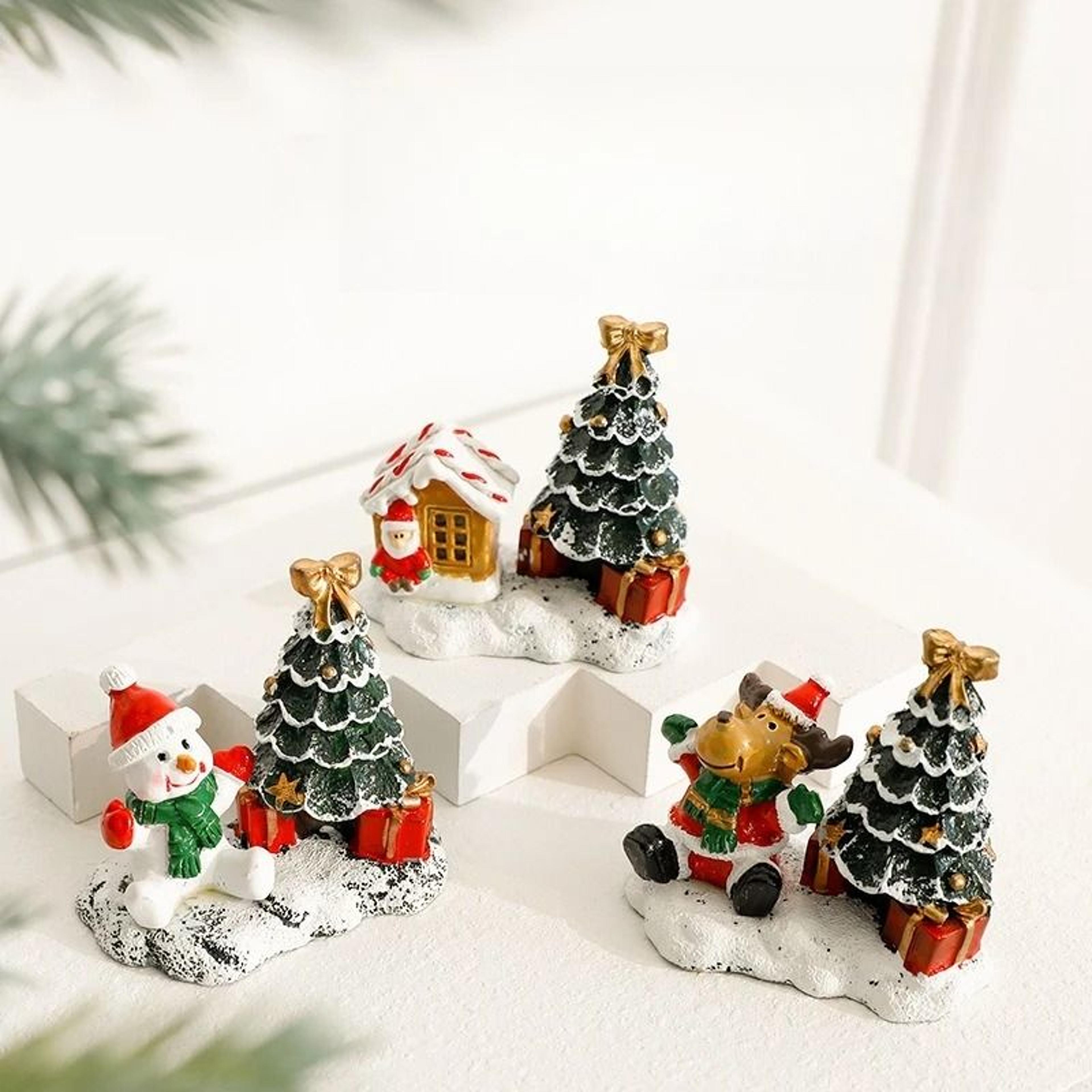 Mini Christmas Village Figurine With Snowman Reindeer And Winter House 8