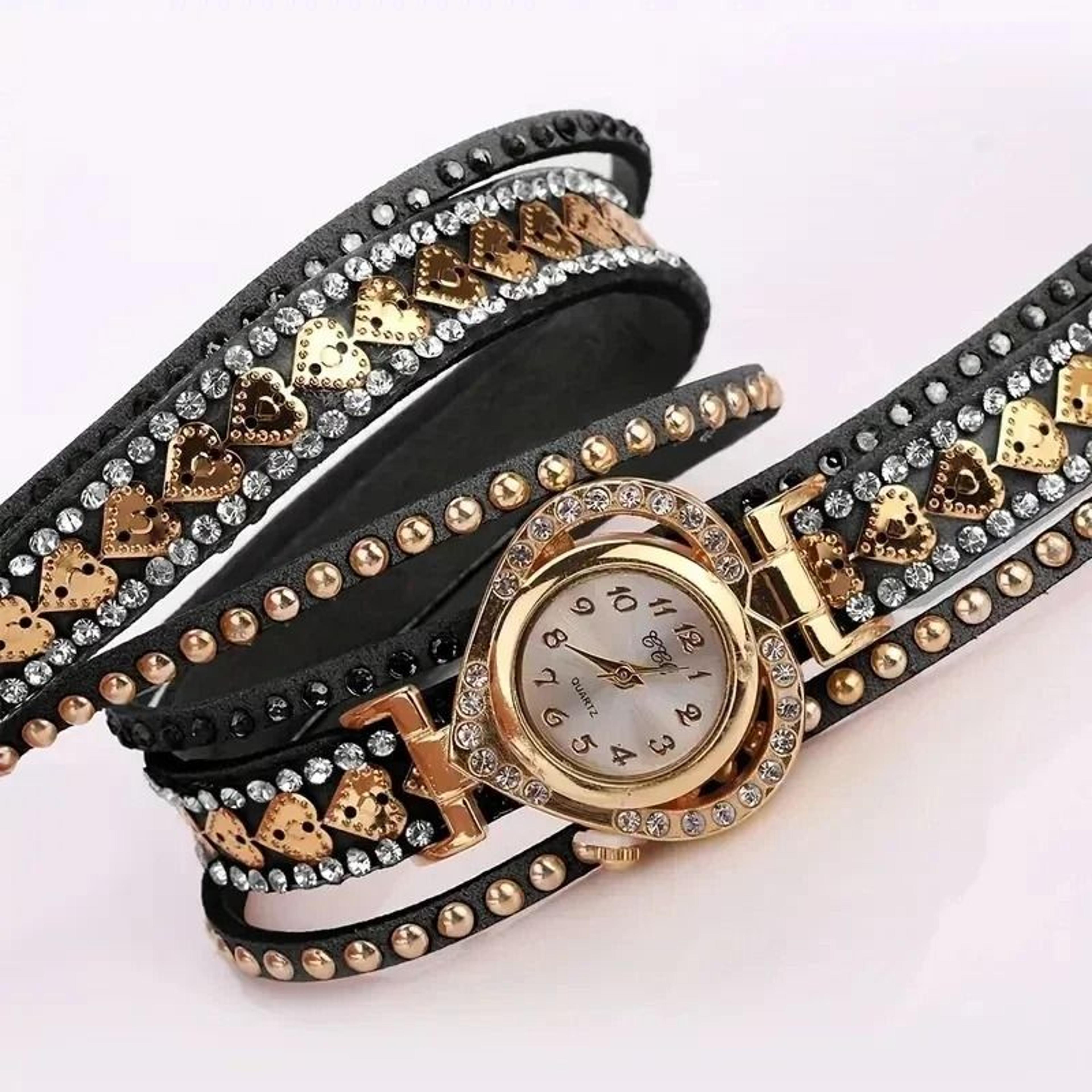elegant rhinestone women's quartz watch with long leather wrap bracelet strap