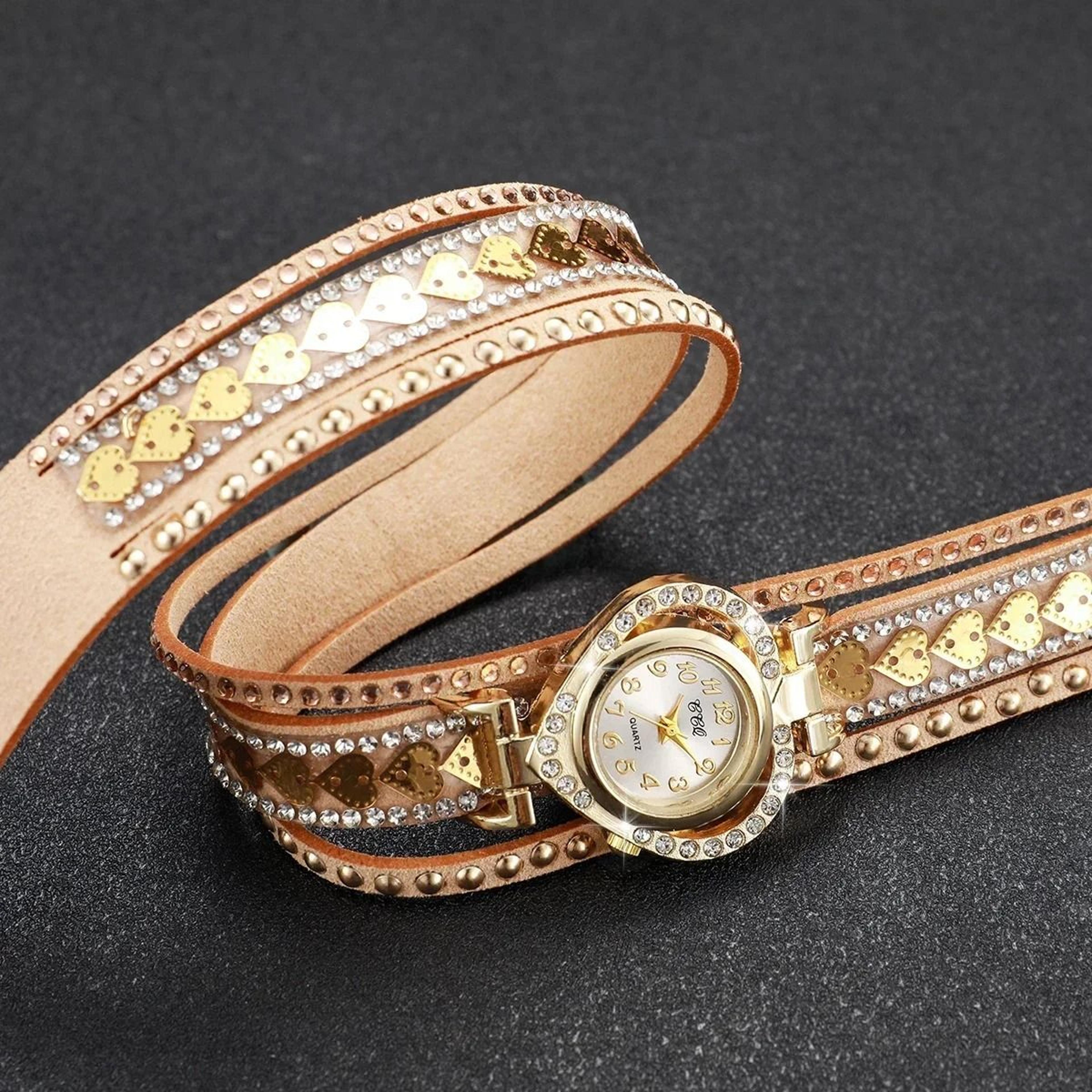 Elegant Rhinestone Womens Quartz Watch With Long Leather Wrap Bracelet Strap 4
