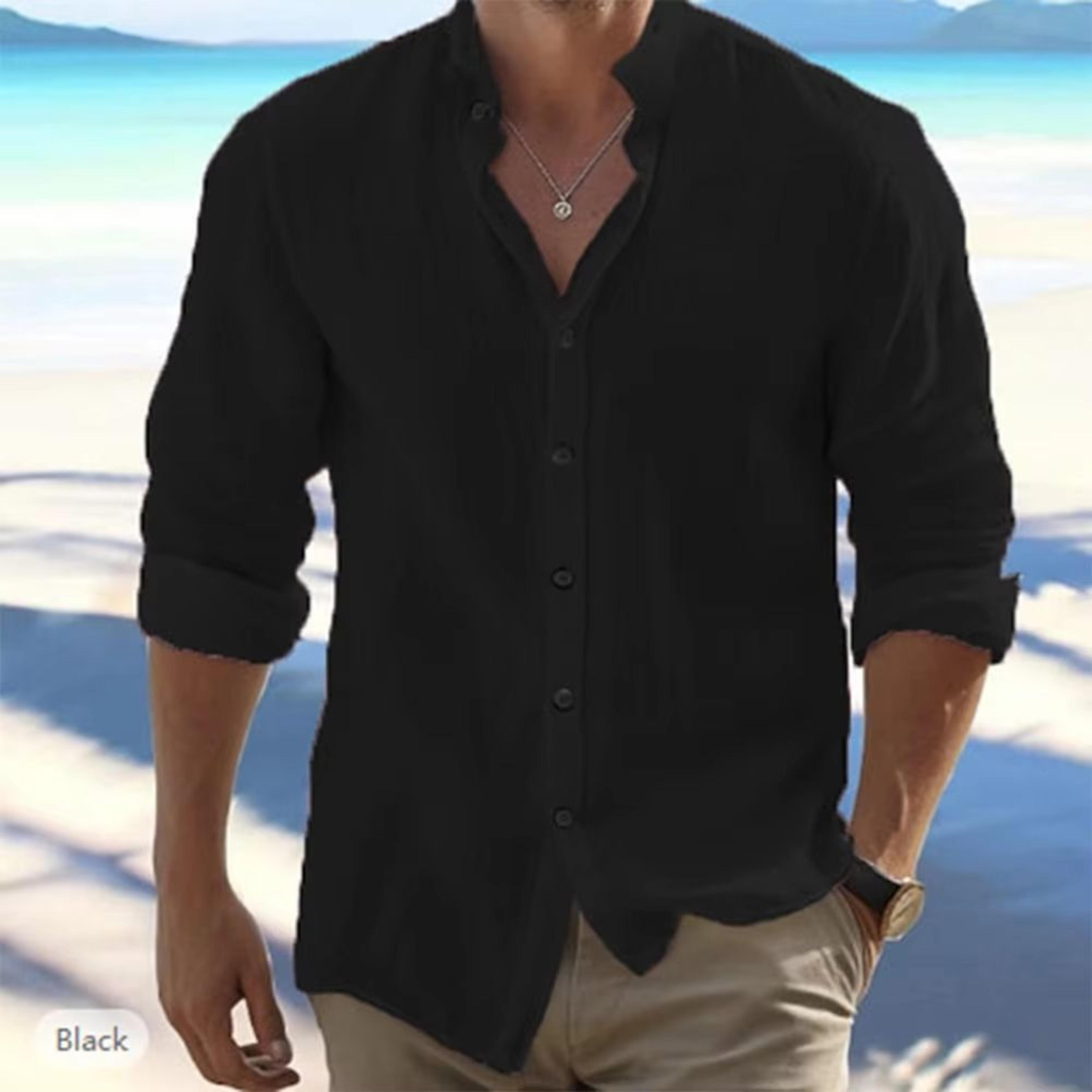 mens linen stand collar long sleeve shirt (breathable cotton-linen, plus size)
