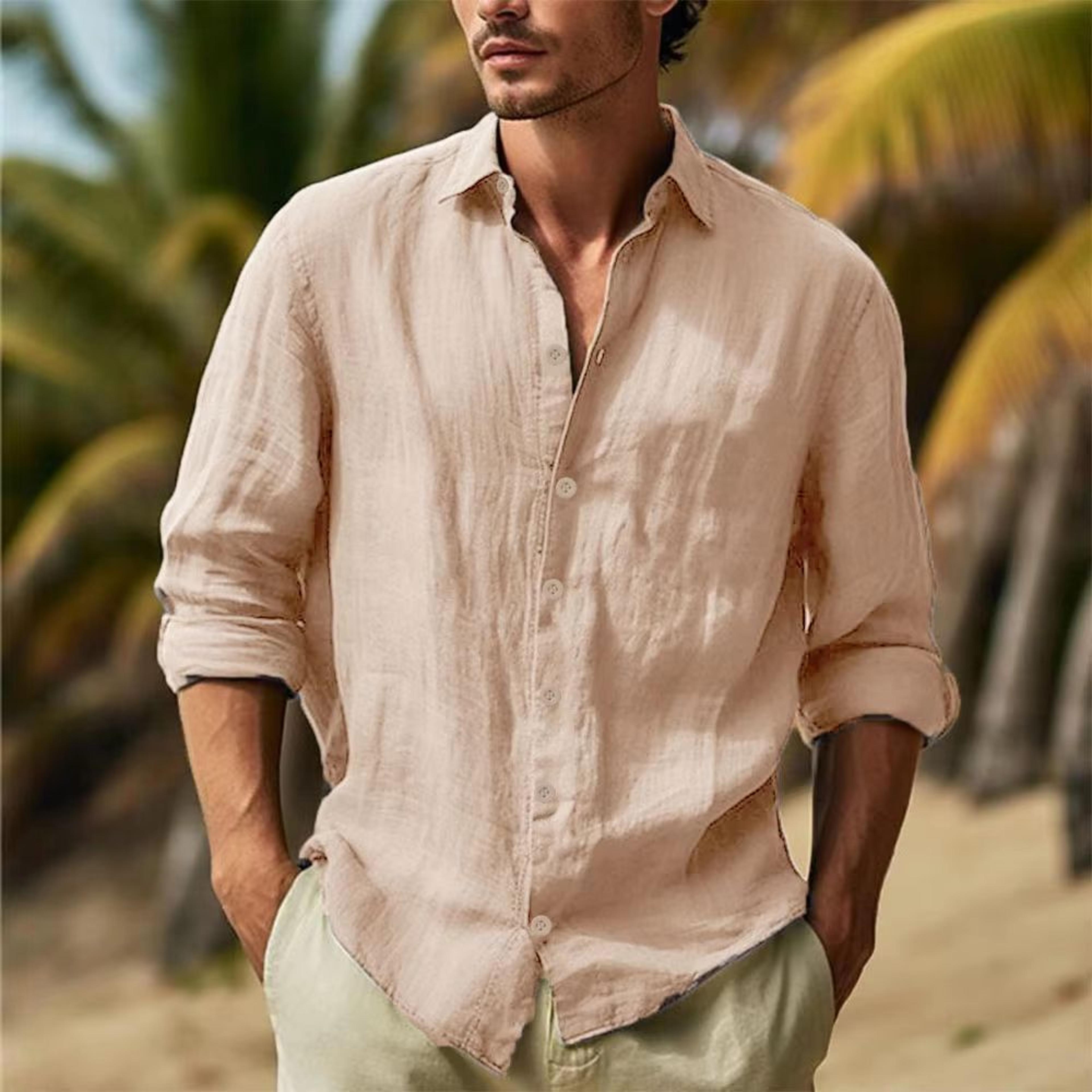 mens linen shirt cotton-linen button up, breathable turn-down collar casual top