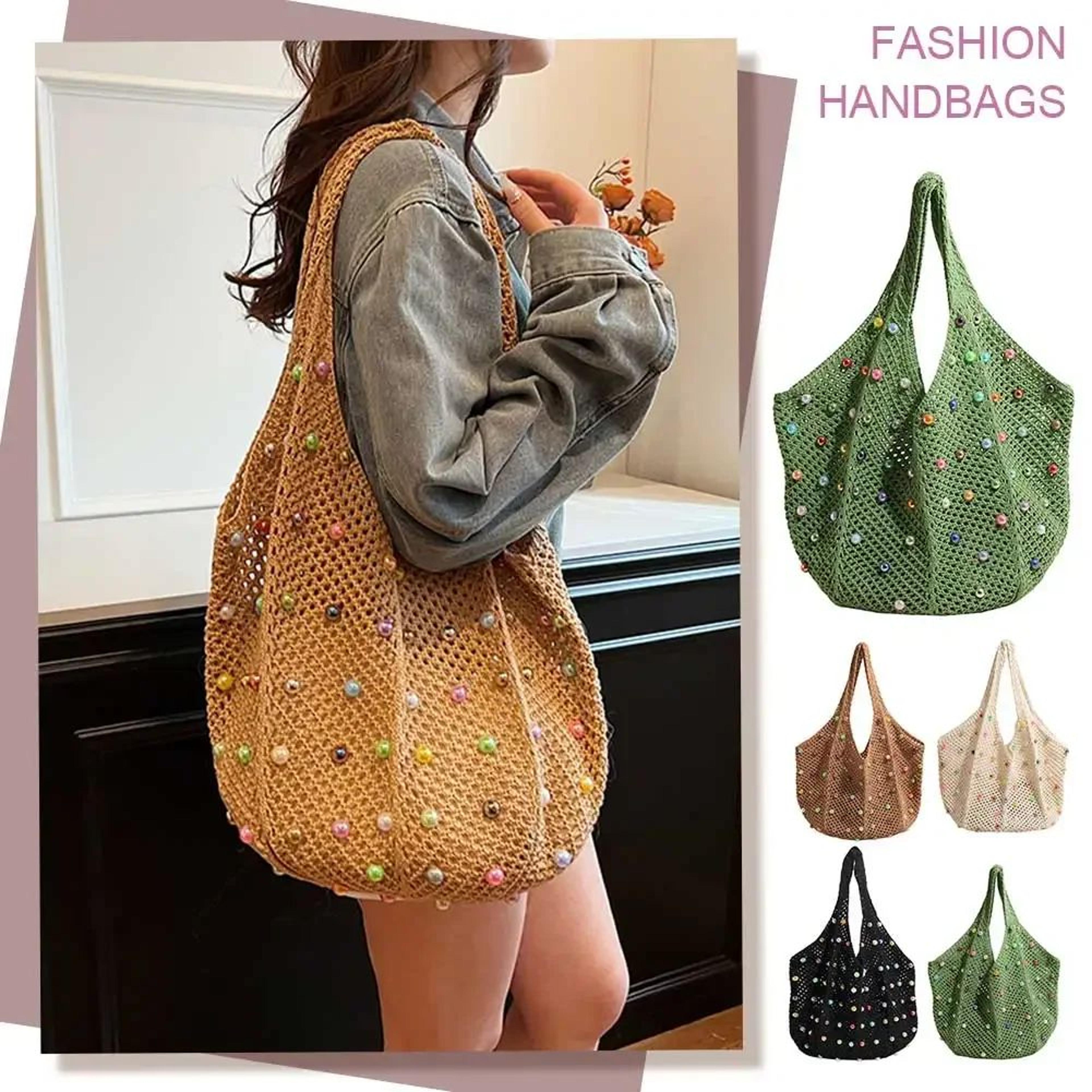 boho crochet tote bag – large capacity knitted handbag with colorful beads for women