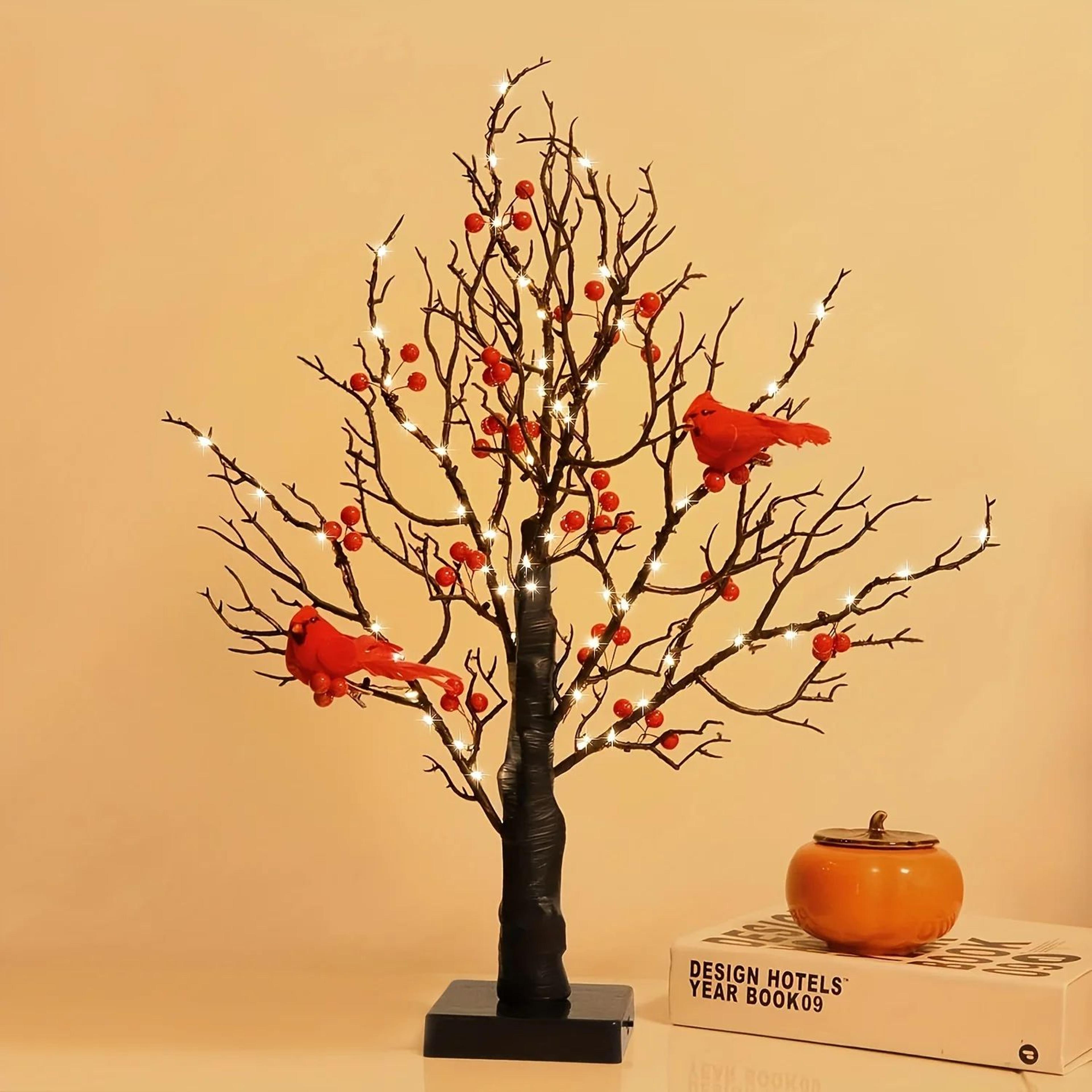 21-inch led bonsai tree with red birds – lighted artificial birch decor for christmas & home