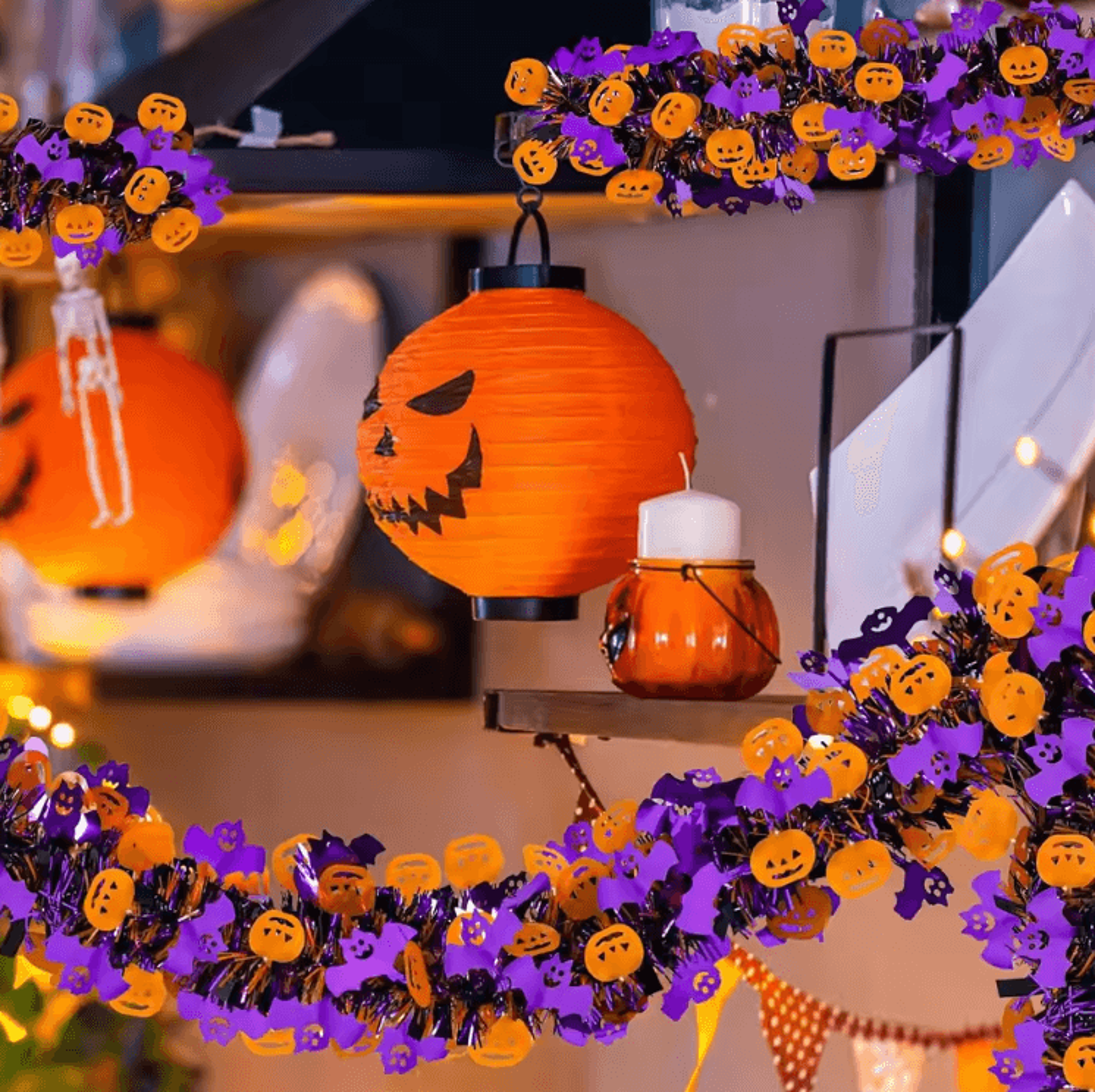 Purple Halloween Tinsel Garland With Pumpkin And Bat For Spooky Party Decor 3