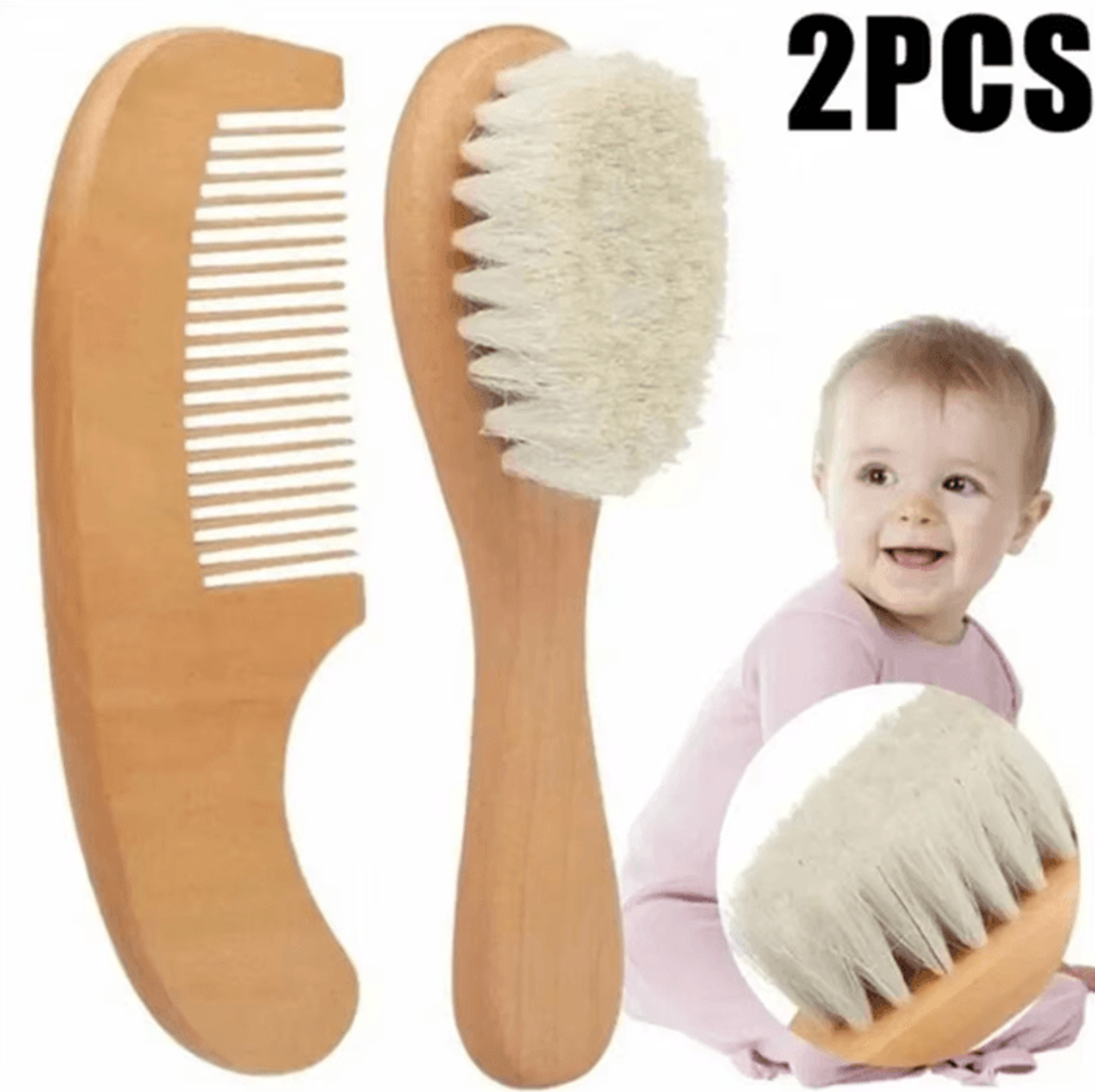 2-piece wooden baby hair brush set – soft wool newborn comb & scalp massager