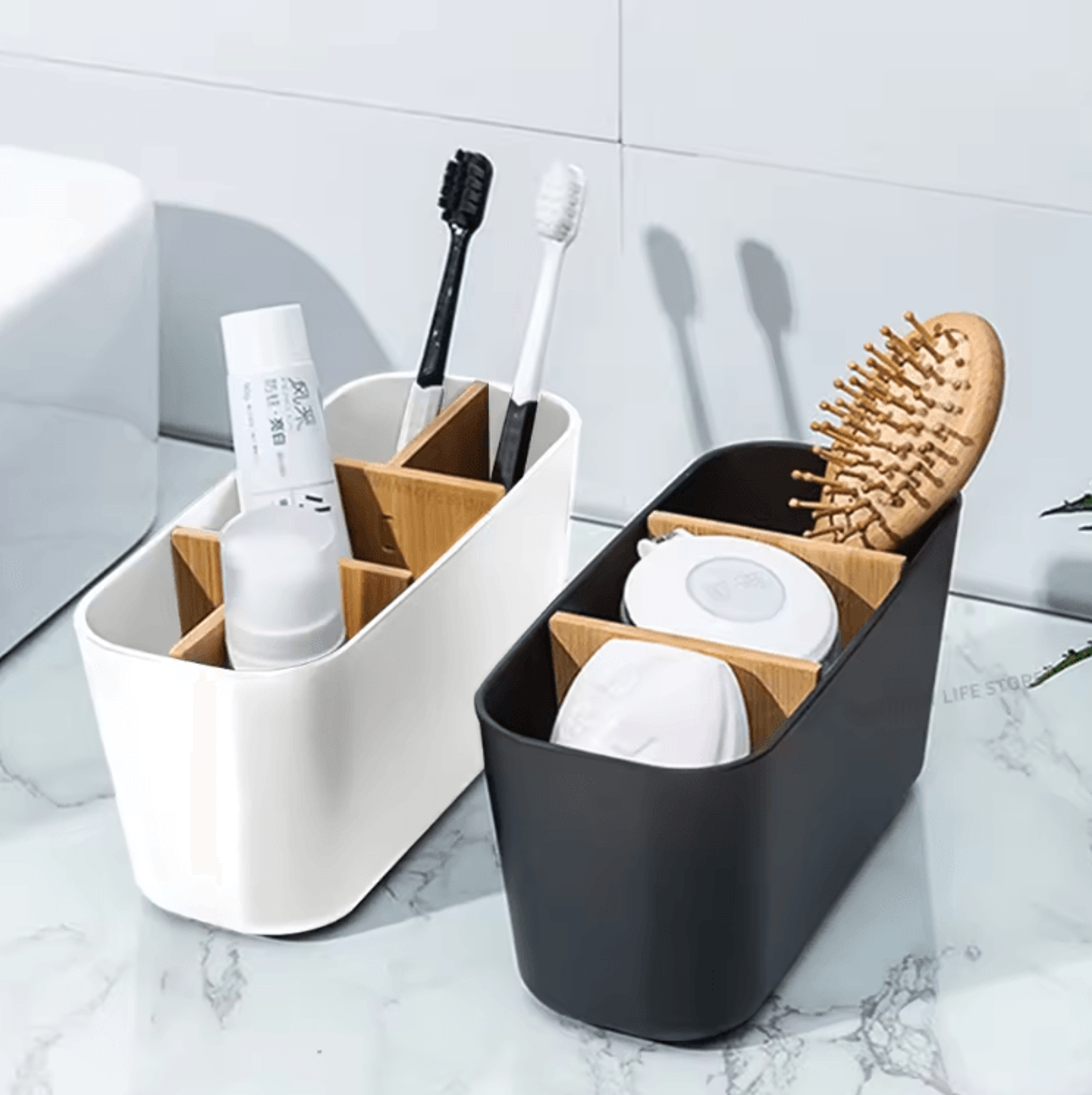 bamboo electric toothbrush holder organizer – multi-compartment bathroom storage box for toothbrush, razor & makeup brus