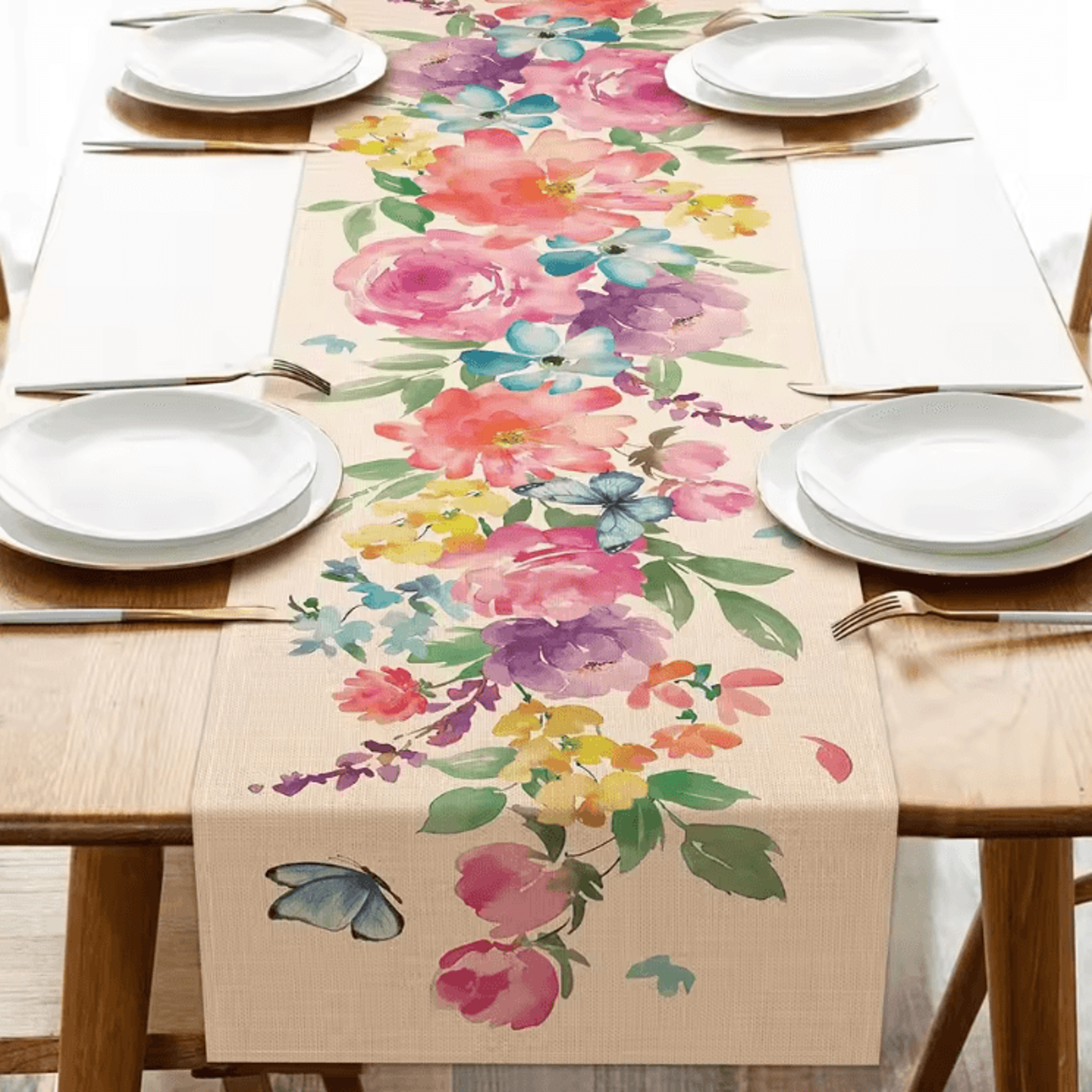 Spring Watercolor Butterfly Linen Table Runner  Elegant Floral Dining Decor 1
