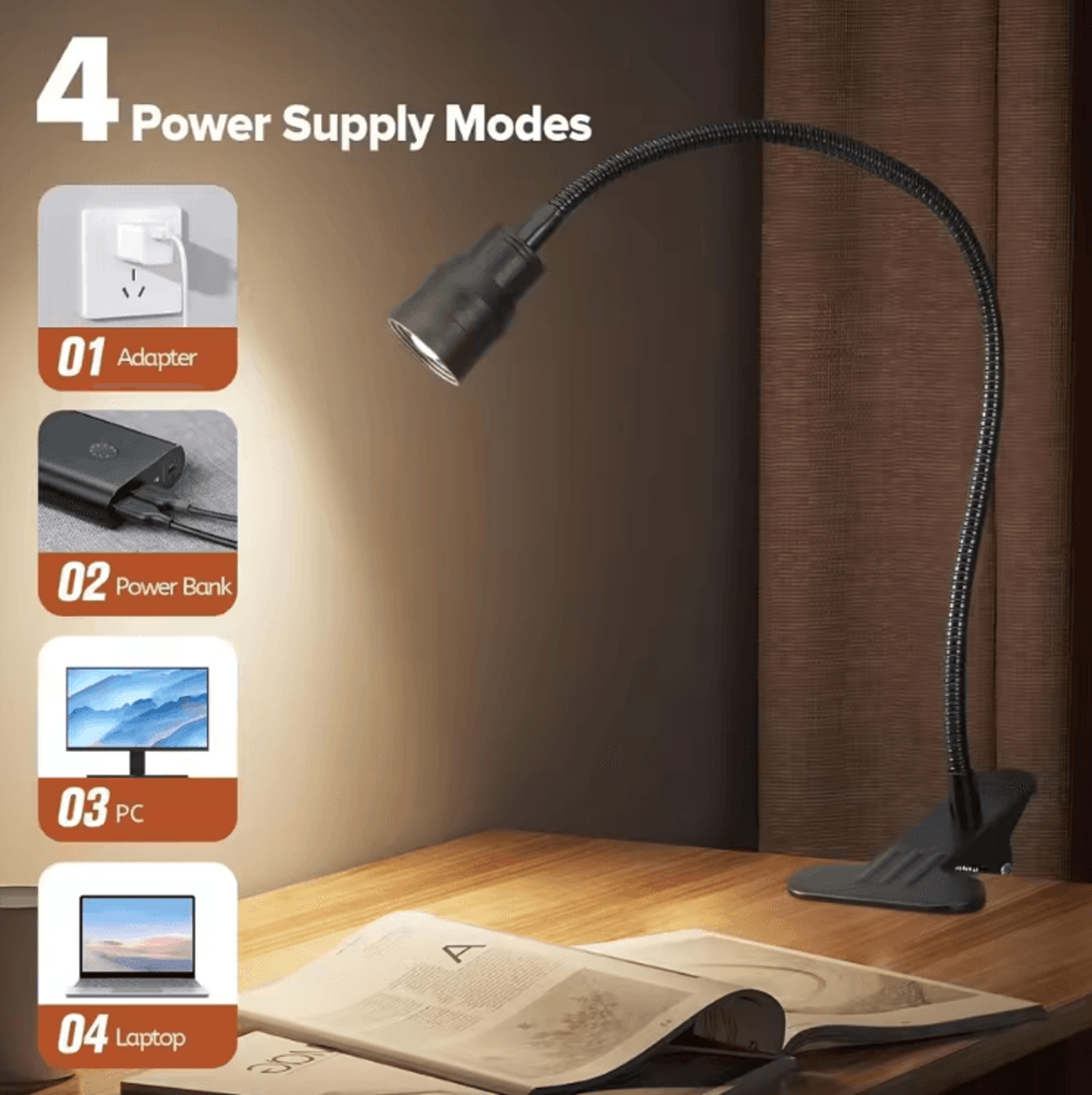 Zoomable LED Clip Reading Light USB Flexible Gooseneck Book Lamp For Bed  Study 3