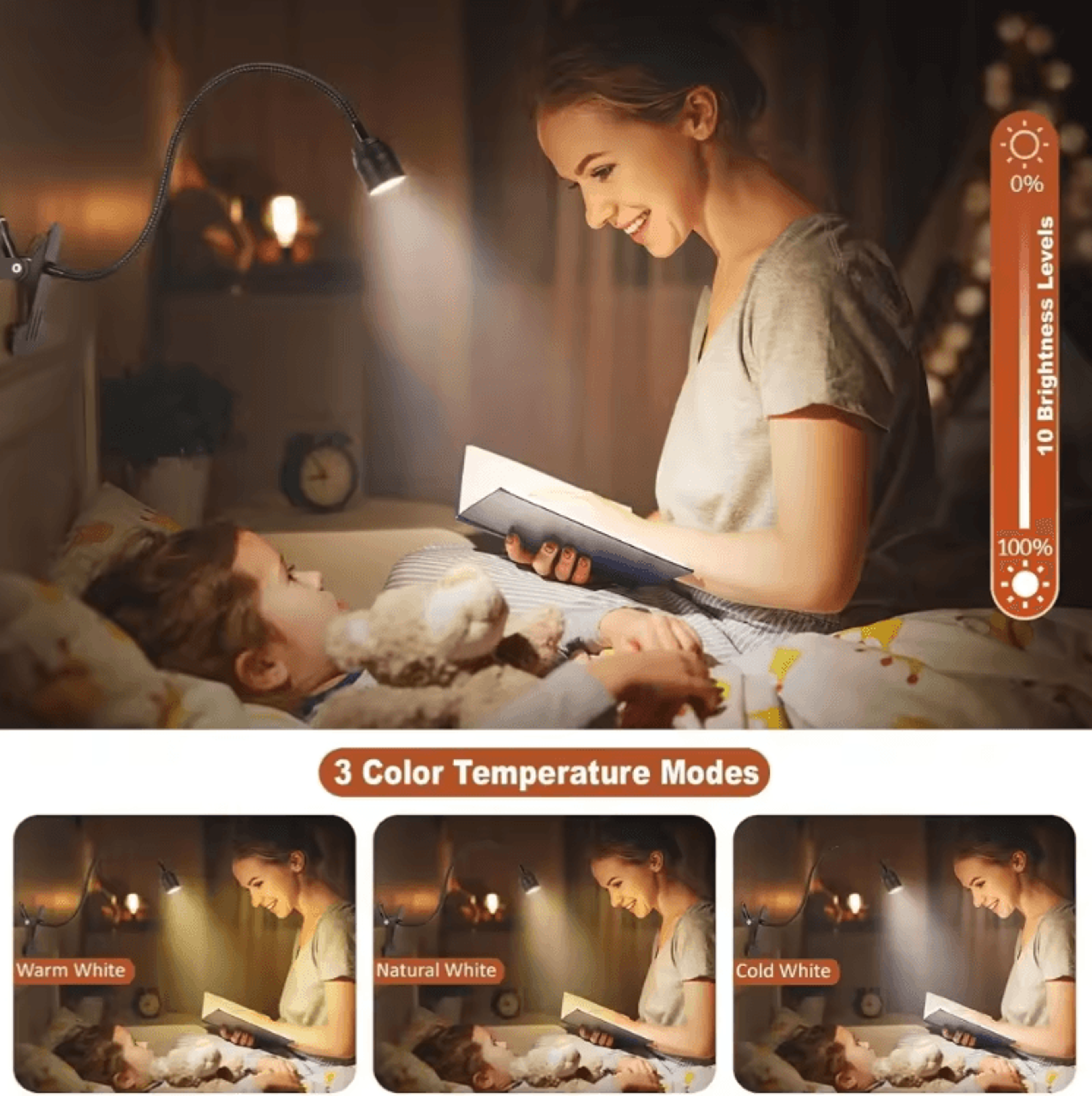 Zoomable LED Clip Reading Light USB Flexible Gooseneck Book Lamp For Bed  Study 4