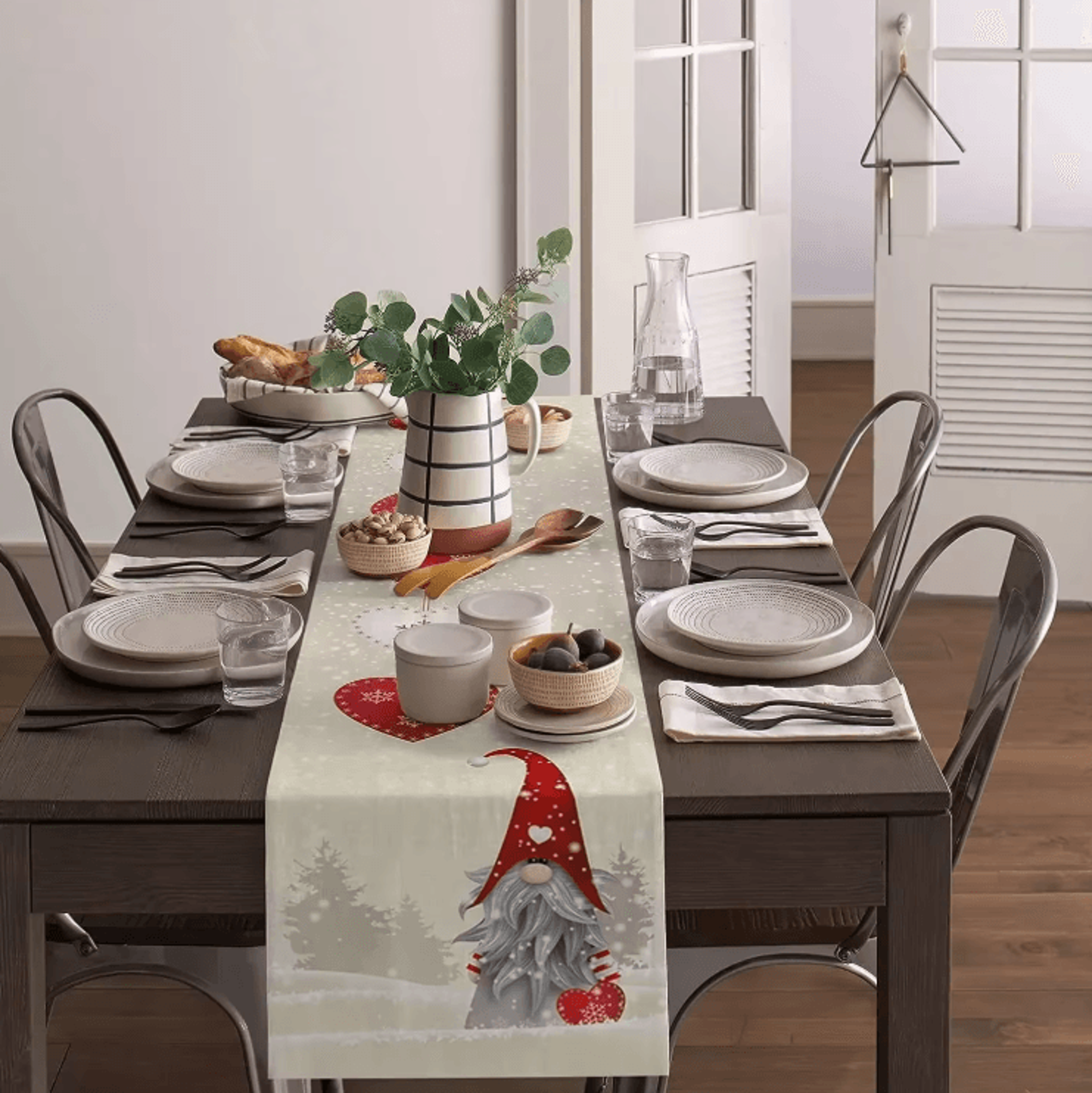 Christmas Gnome Snowflake Linen Table Runner  Festive Farmhouse Holiday Table Decor 3