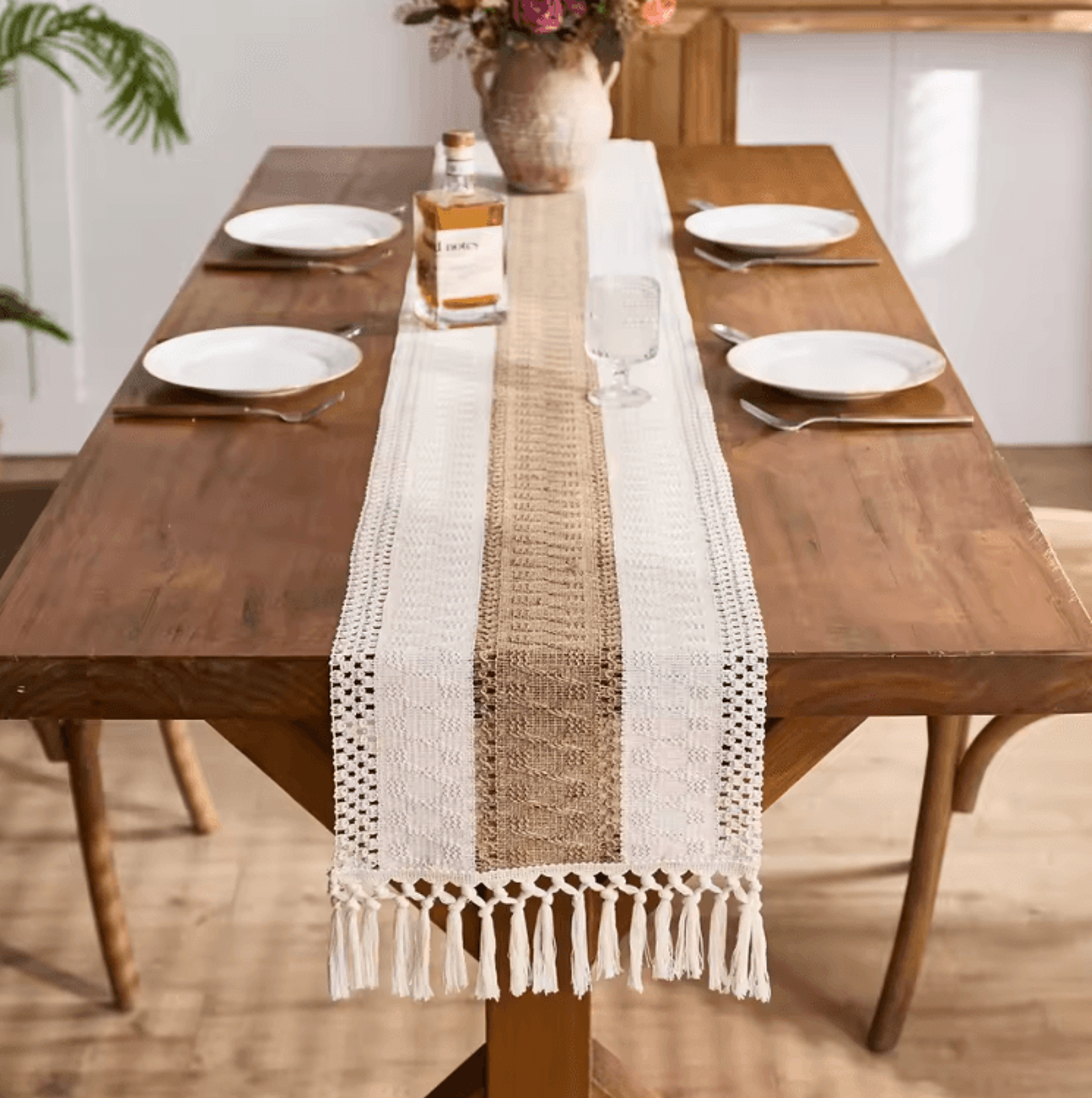 Boho Macrame Table Runner With Tassels  Cream  Brown Farmhouse Linen Table Decor 2