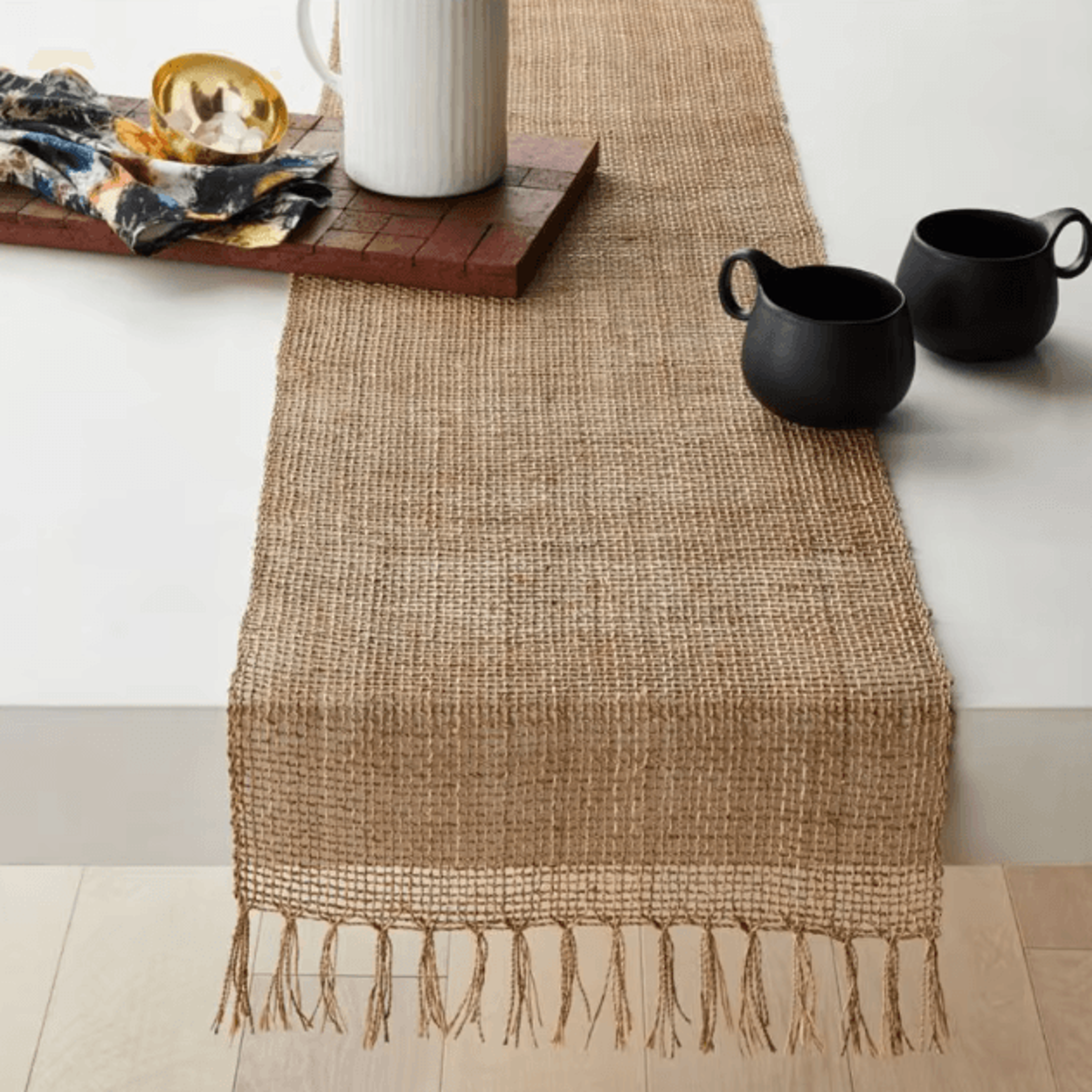 rustic jute table runner with tassels – boho farmhouse table decor