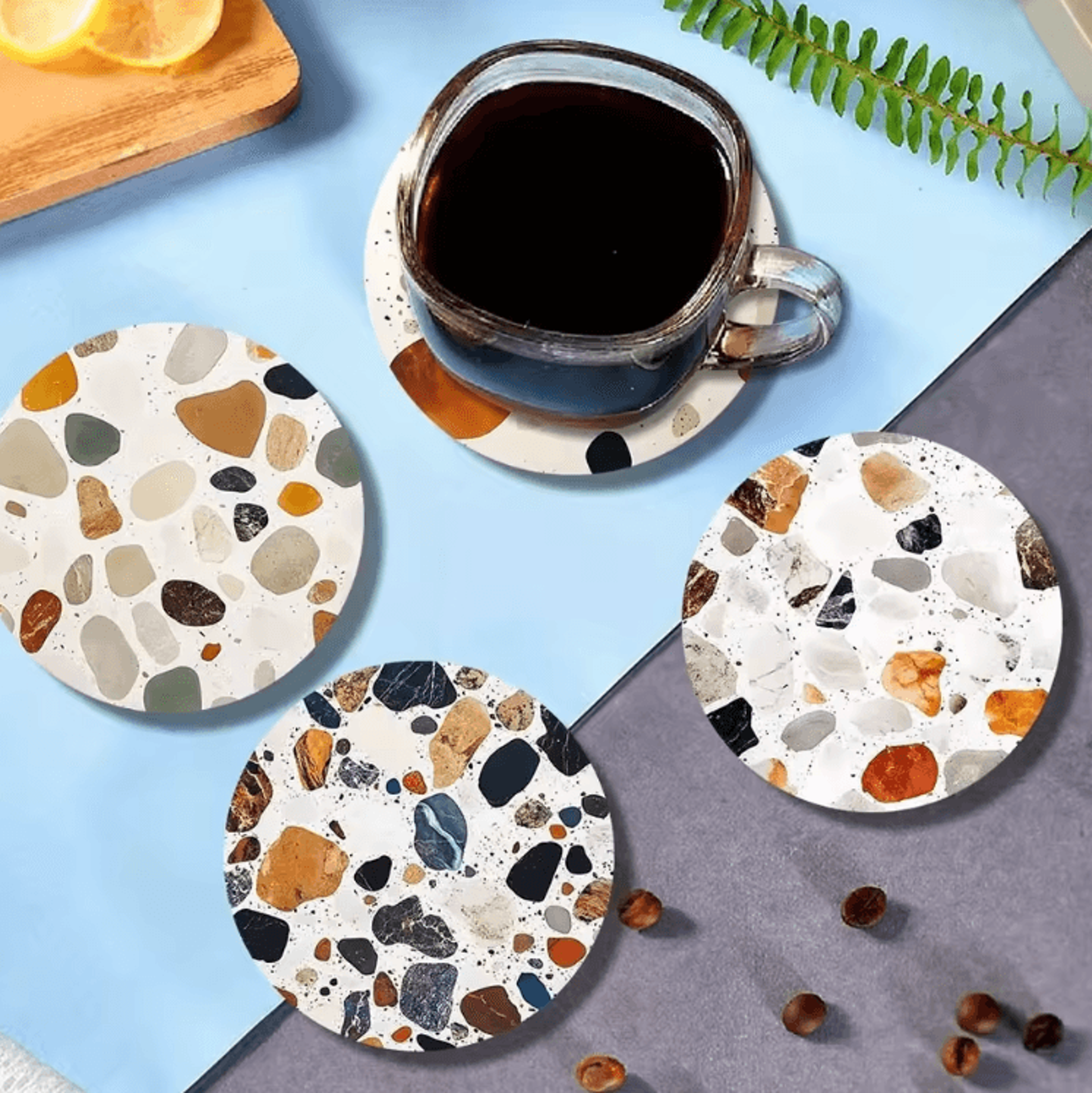 6-piece wooden stone pattern coaster set – stylish table protection decor