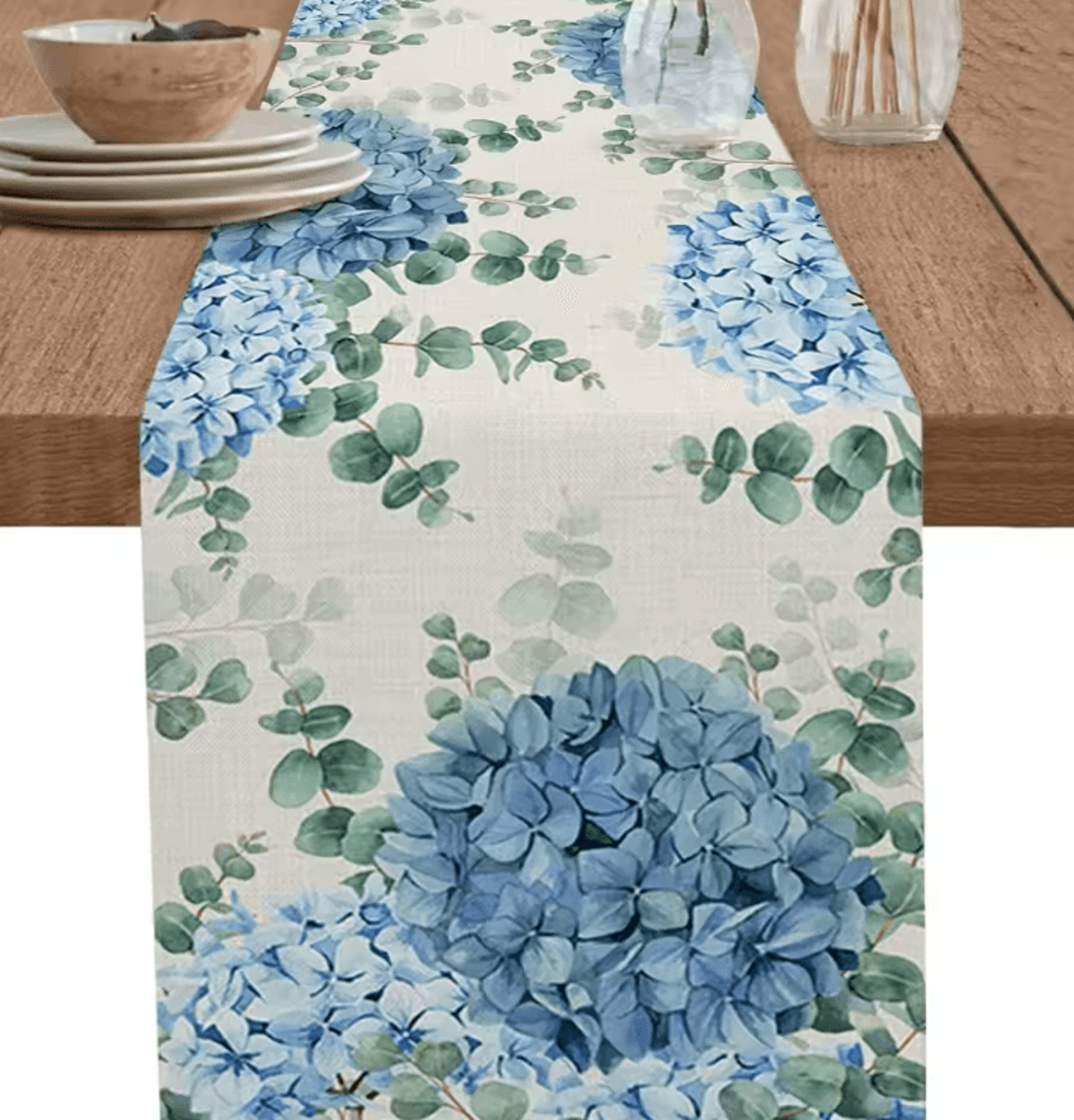 Blue Hydrangea Eucalyptus Linen Table Runner  Elegant Hydrangea Table Runner For Farmhouse  Wedding 1